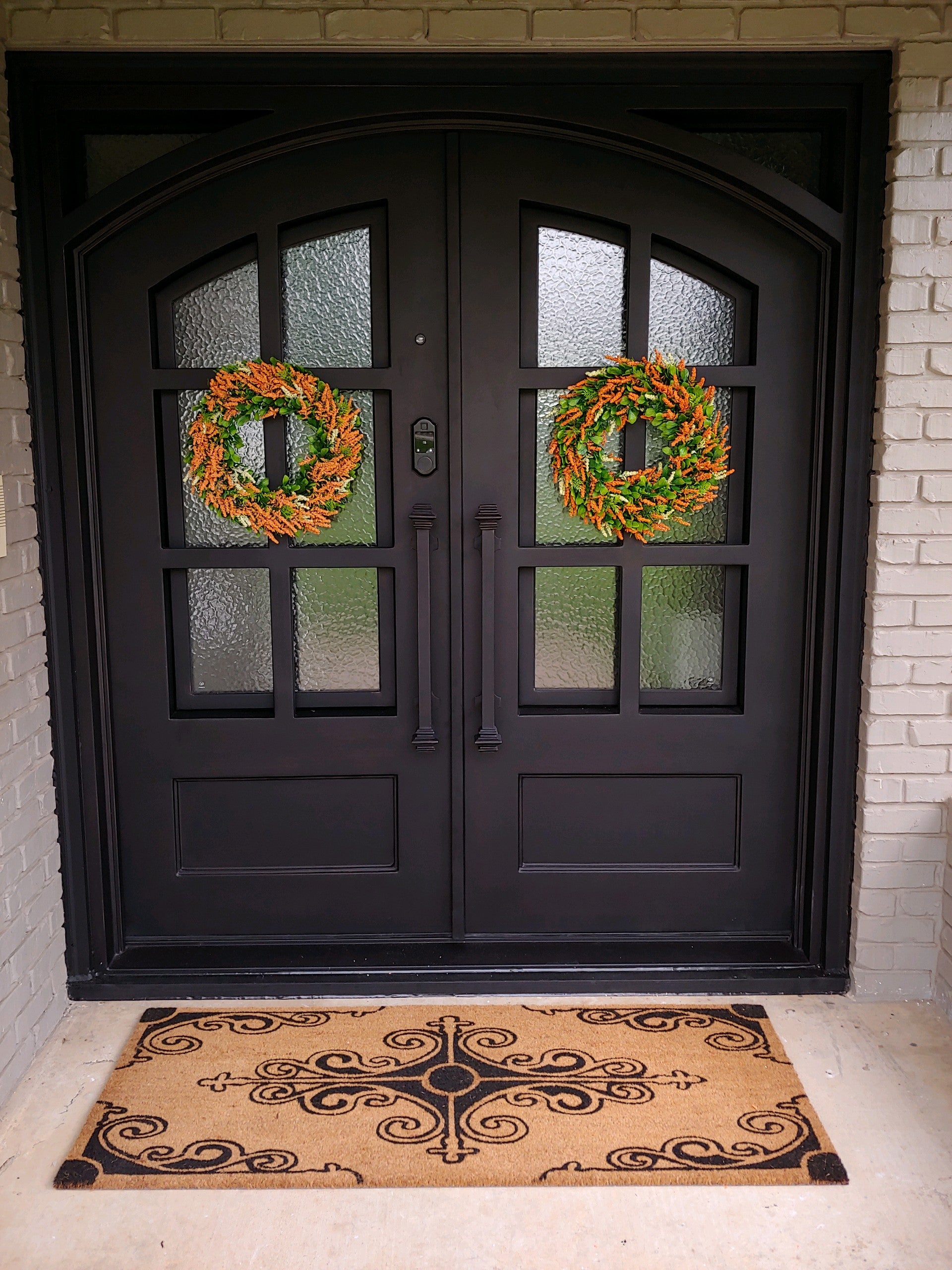 Cameroon Model Double Front Entry Iron Door With Tempered Aqua Lite Glass Dark Bronze Finish