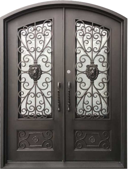 Princeton Model Double Front Entry Iron Door With Tempered Rain Glass Dark Bronze Finish