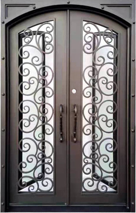Hudson Model Double Front Entry Iron Door With Tempered Rain Glass Dark Bronze Finish