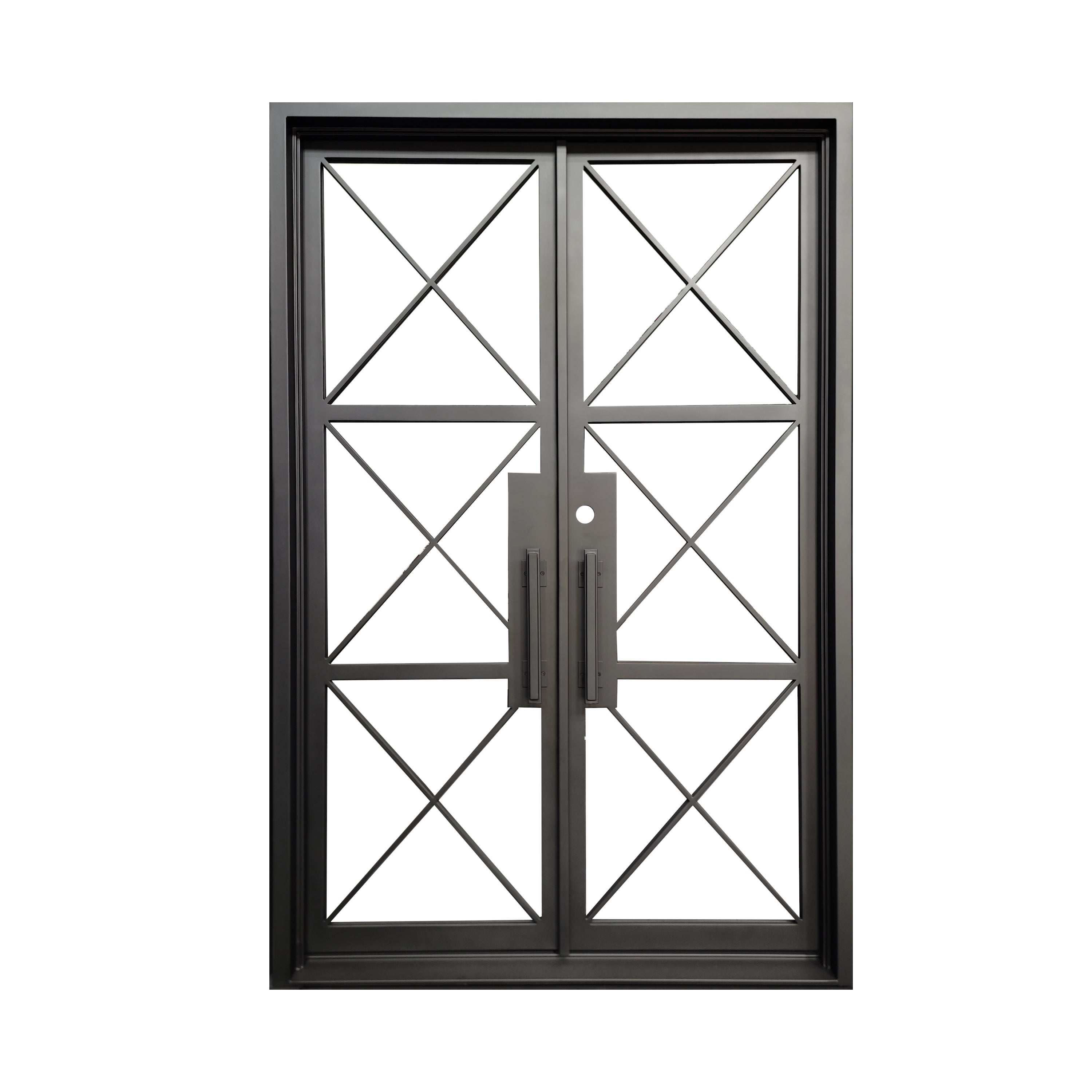 Prosper Model Double Front Entry Iron Door With Tempered Low E Clear Glass Matt Black Finish