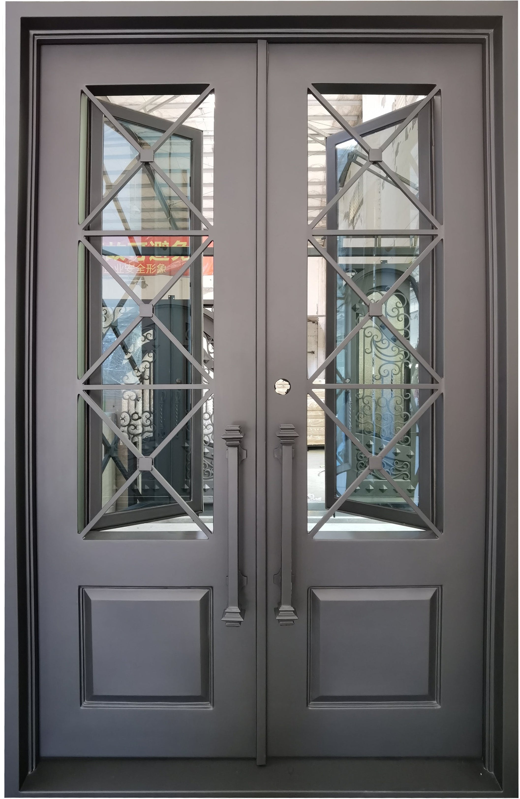 Rockport Model Double Front Entry Iron Door With Tempered Reflective Glass Matt Black Finish