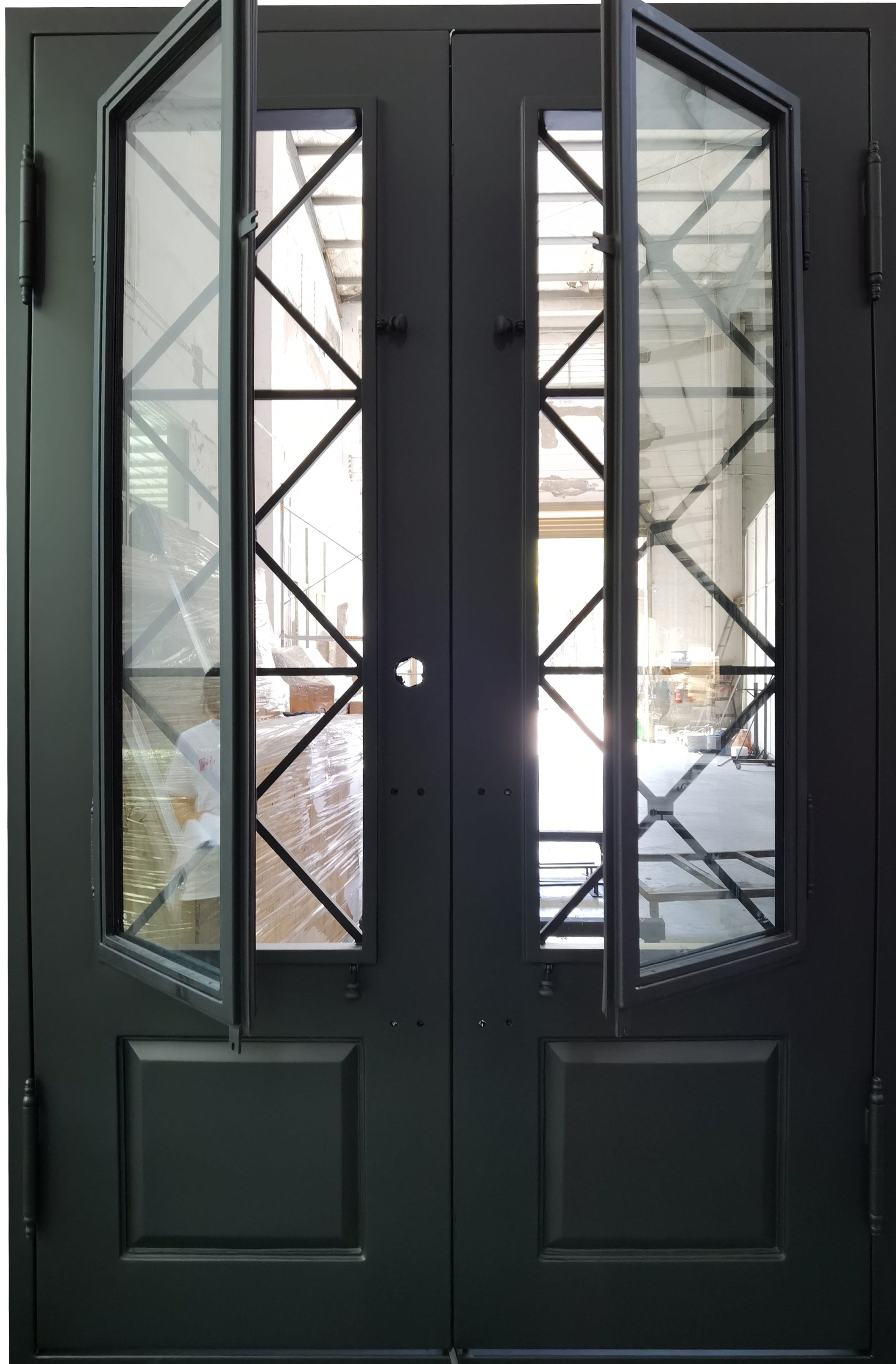 Rockport Model Double Front Entry Iron Door With Tempered Reflective Glass Matt Black Finish