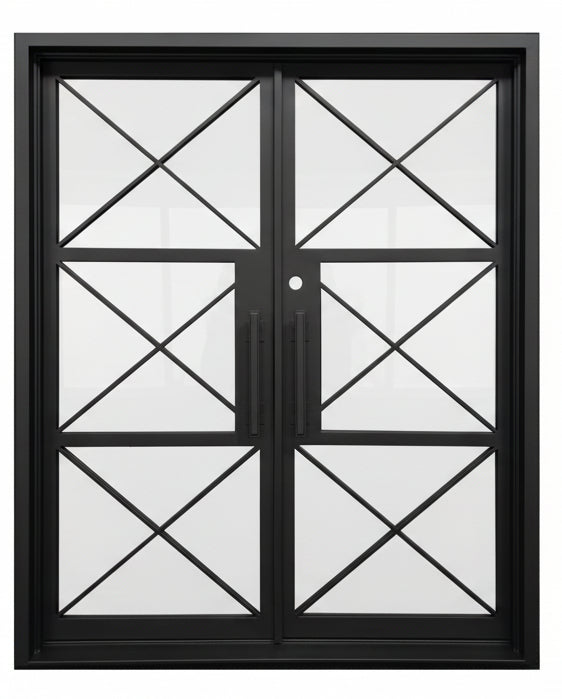 Prosper Model Double Front Entry Iron Door With Tempered Low E Clear Glass Matt Black Finish