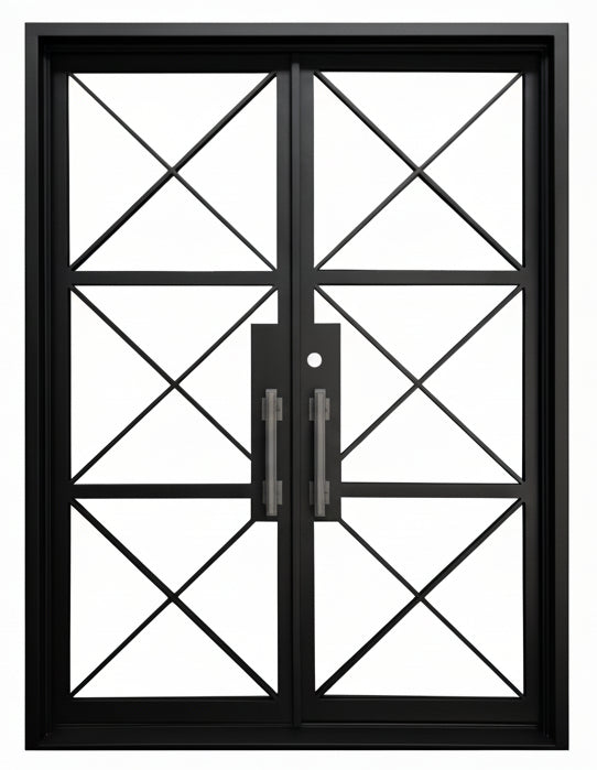 Prosper Model Double Front Entry Iron Door With Tempered Low E Clear Glass Matt Black Finish
