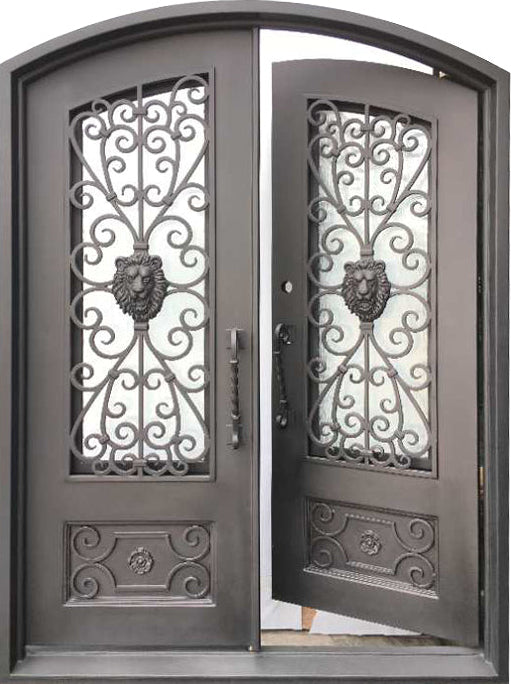 Princeton Model Double Front Entry Iron Door With Tempered Rain Glass Dark Bronze Finish