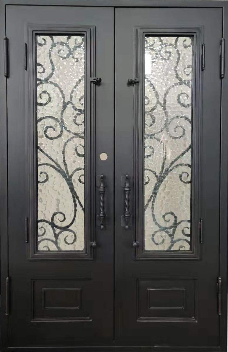 Abbott Model Double Front Entry Iron Door With Tempered Water Cube Glass Dark Bronze Finish