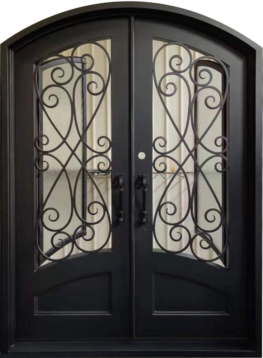 Azle Model Double Front Entry Iron Door With Tempered Rain Glass Dark Bronze Finish