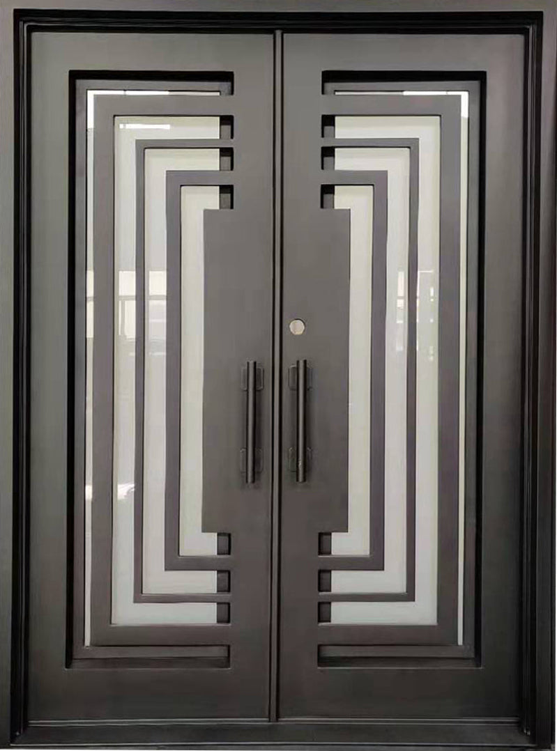 Bellaire Model Double Front Entry Iron Door With Tempered Frosted Glass Dark Bronze Finish