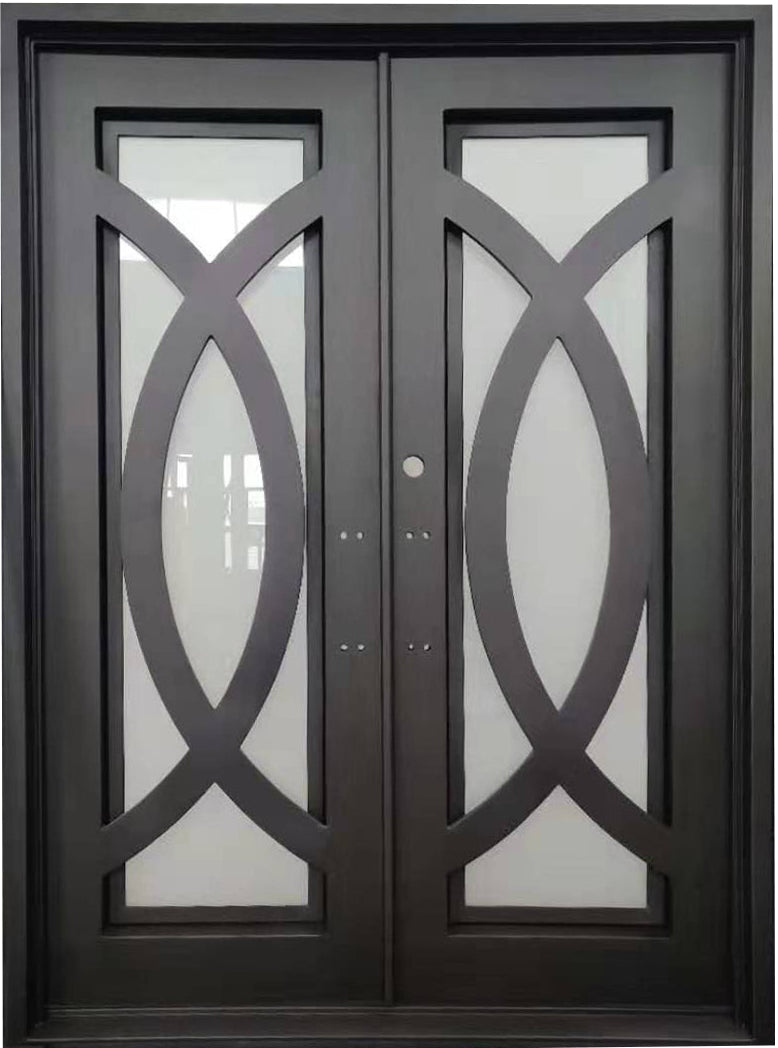 Bellevue Model Double Front Entry Iron Door With Tempered Frosted Glass Dark Bronze Finish