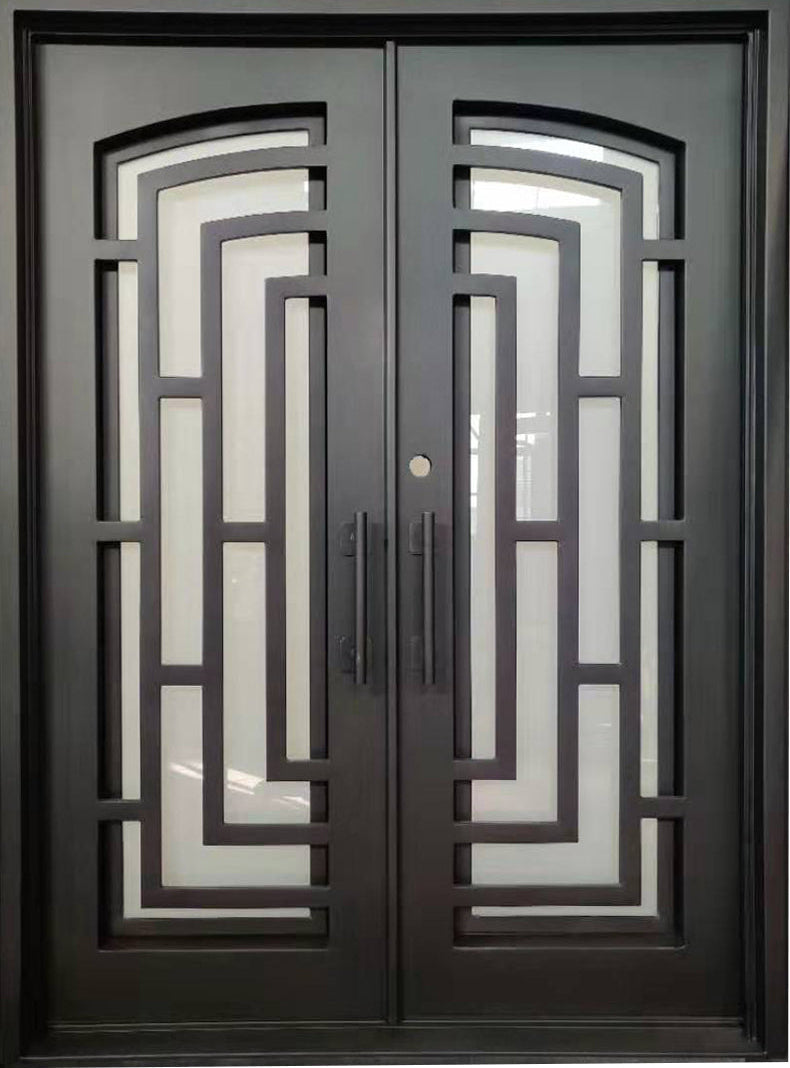 Belton Model Double Front Entry Iron Door With Tempered Frosted Glass Dark Bronze Finish