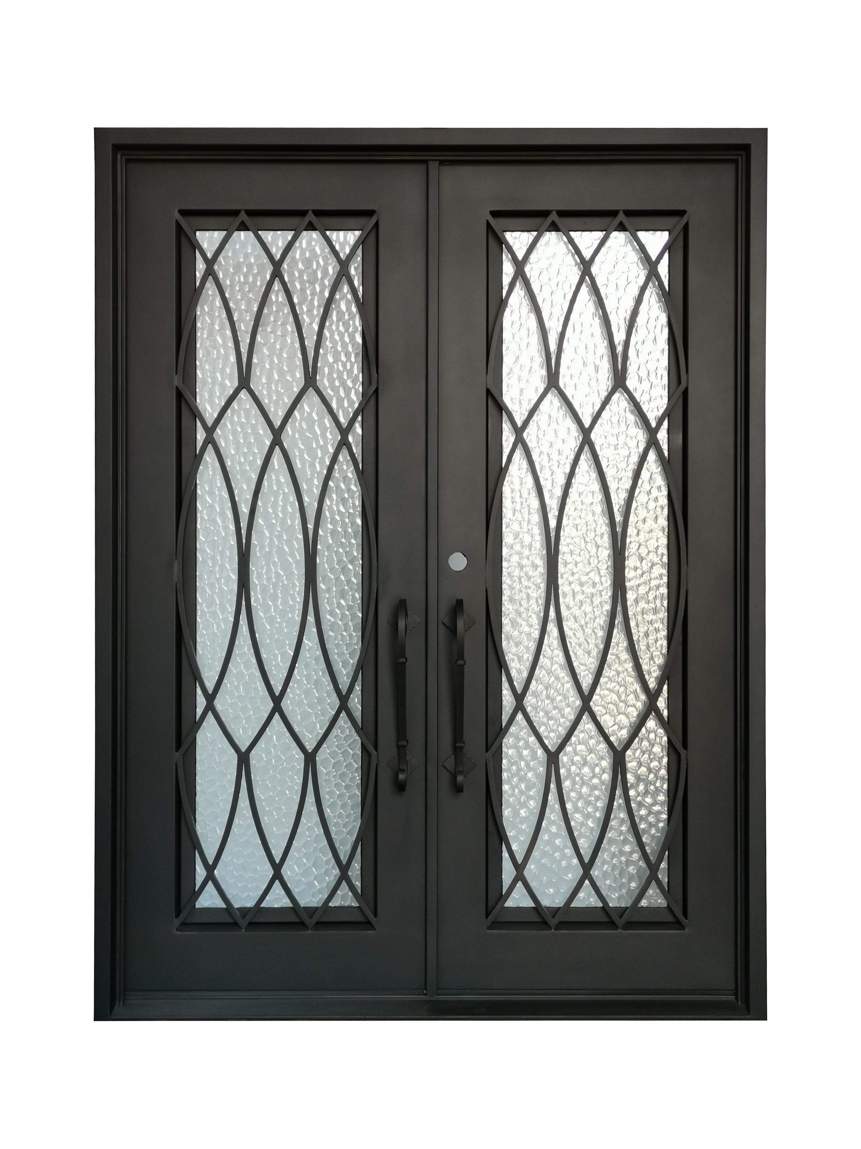 Burleson Model Double Front Entry Iron Door With Tempered Water Cube Glass Dark Bronze Finish