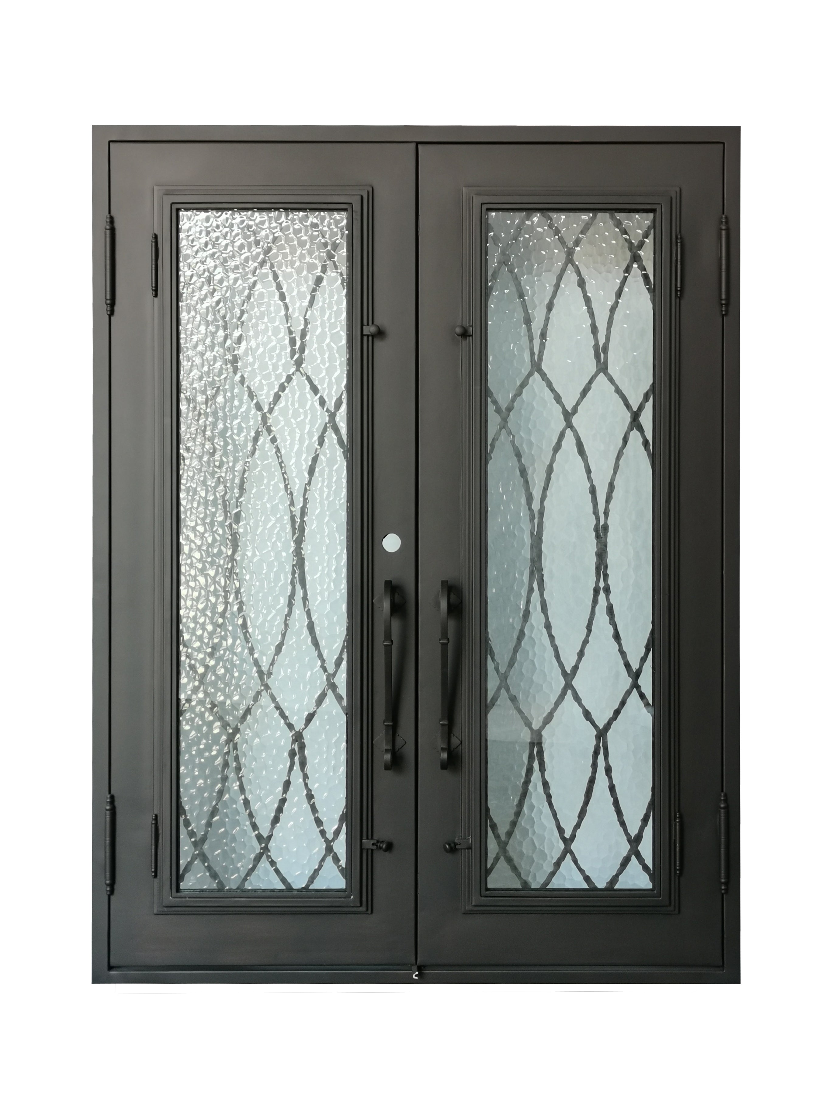 Burleson Model Double Front Entry Iron Door With Tempered Water Cube Glass Dark Bronze Finish