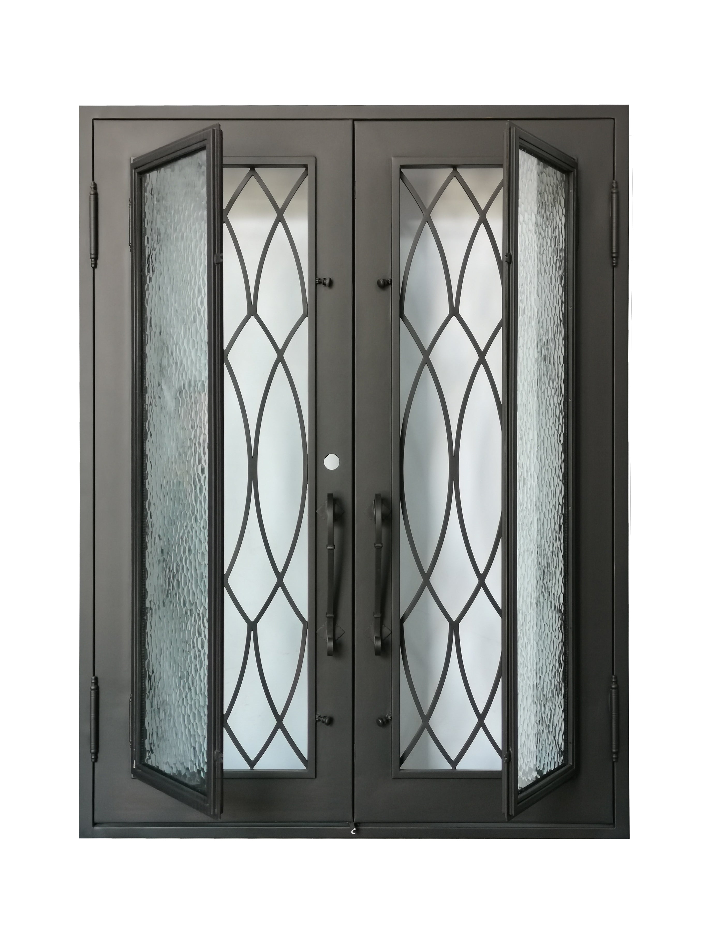 Burleson Model Double Front Entry Iron Door With Tempered Water Cube Glass Dark Bronze Finish