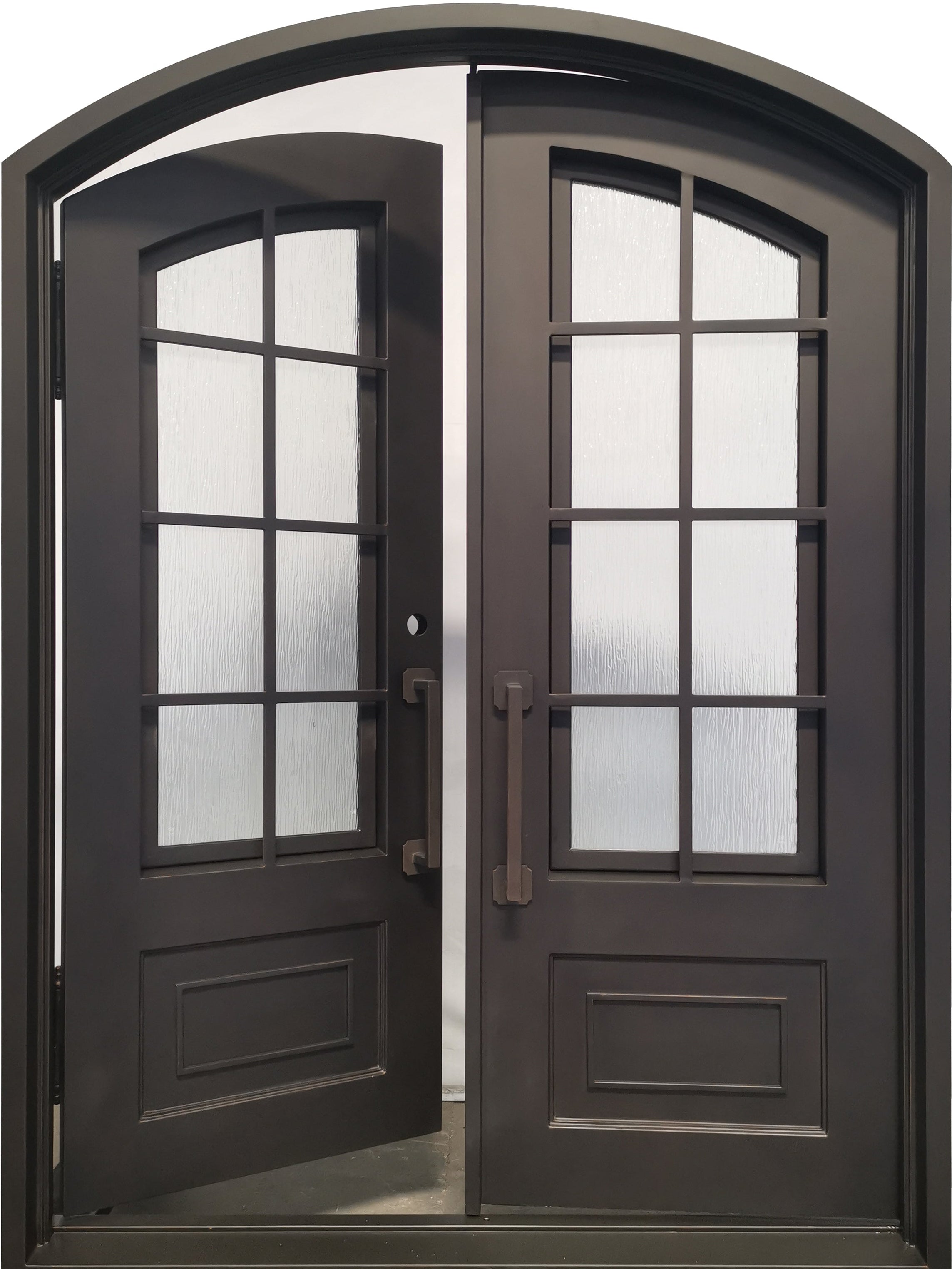 Anderson Model Double Front Entry Iron Door With Tempered Rain Glass Dark Bronze Finish