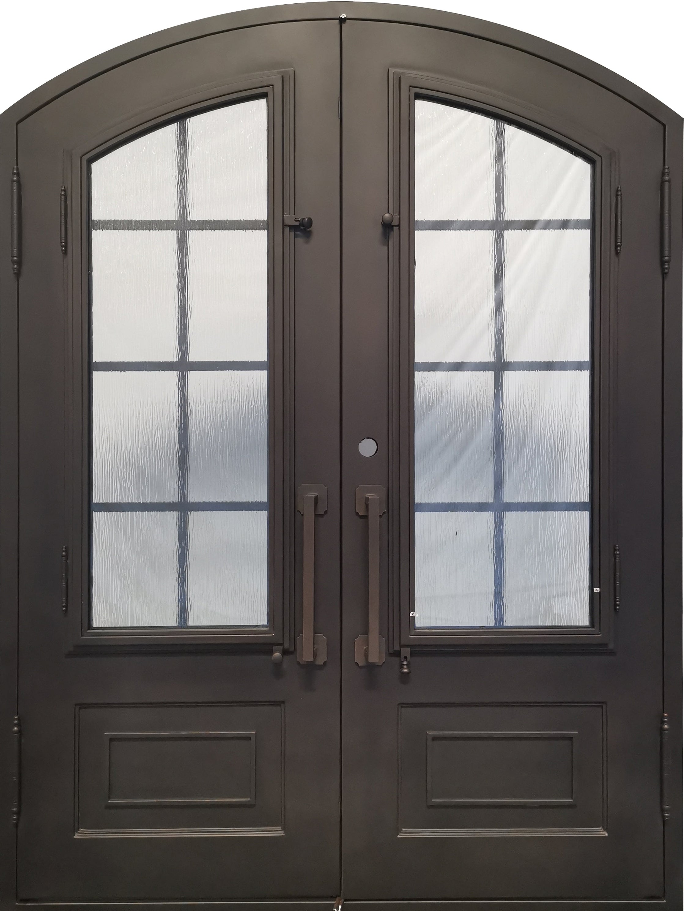 Anderson Model Double Front Entry Iron Door With Tempered Rain Glass Dark Bronze Finish