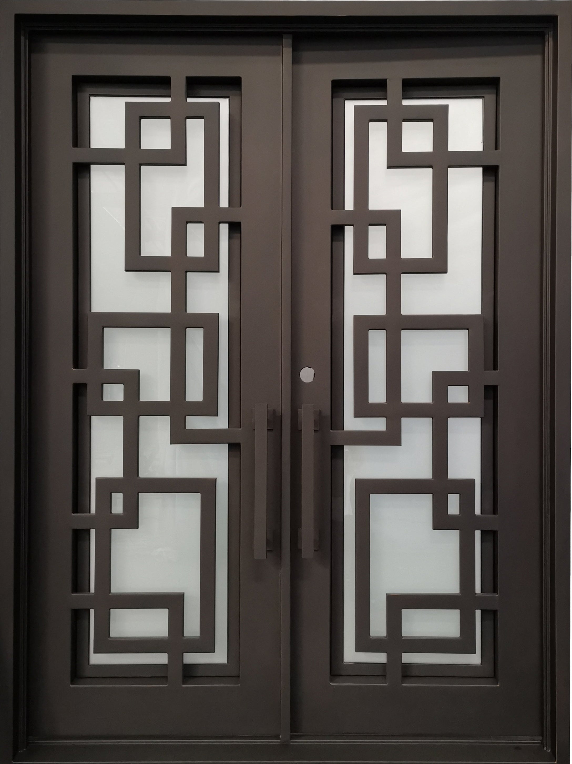Baytown Model Double Front Entry Iron Door With Tempered Frosted Glass Dark Bronze Finish