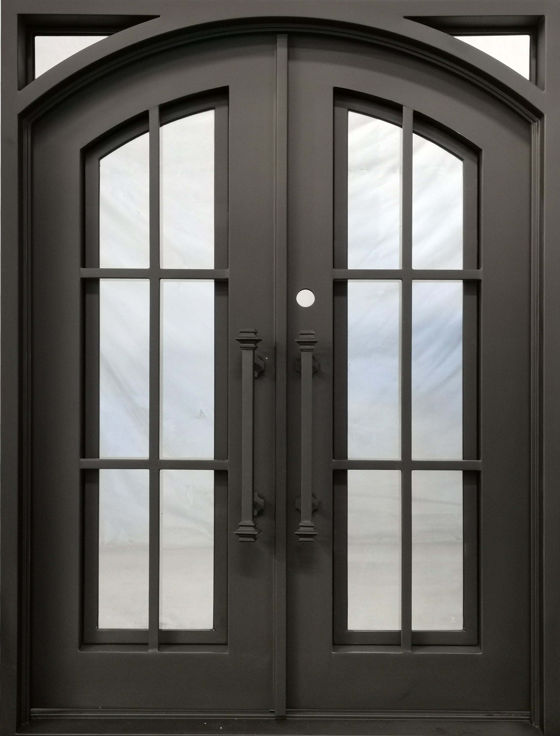 Covington Model Double Front Entry Iron Door With Tempered Low E Clear Glass Dark Bronze Finish