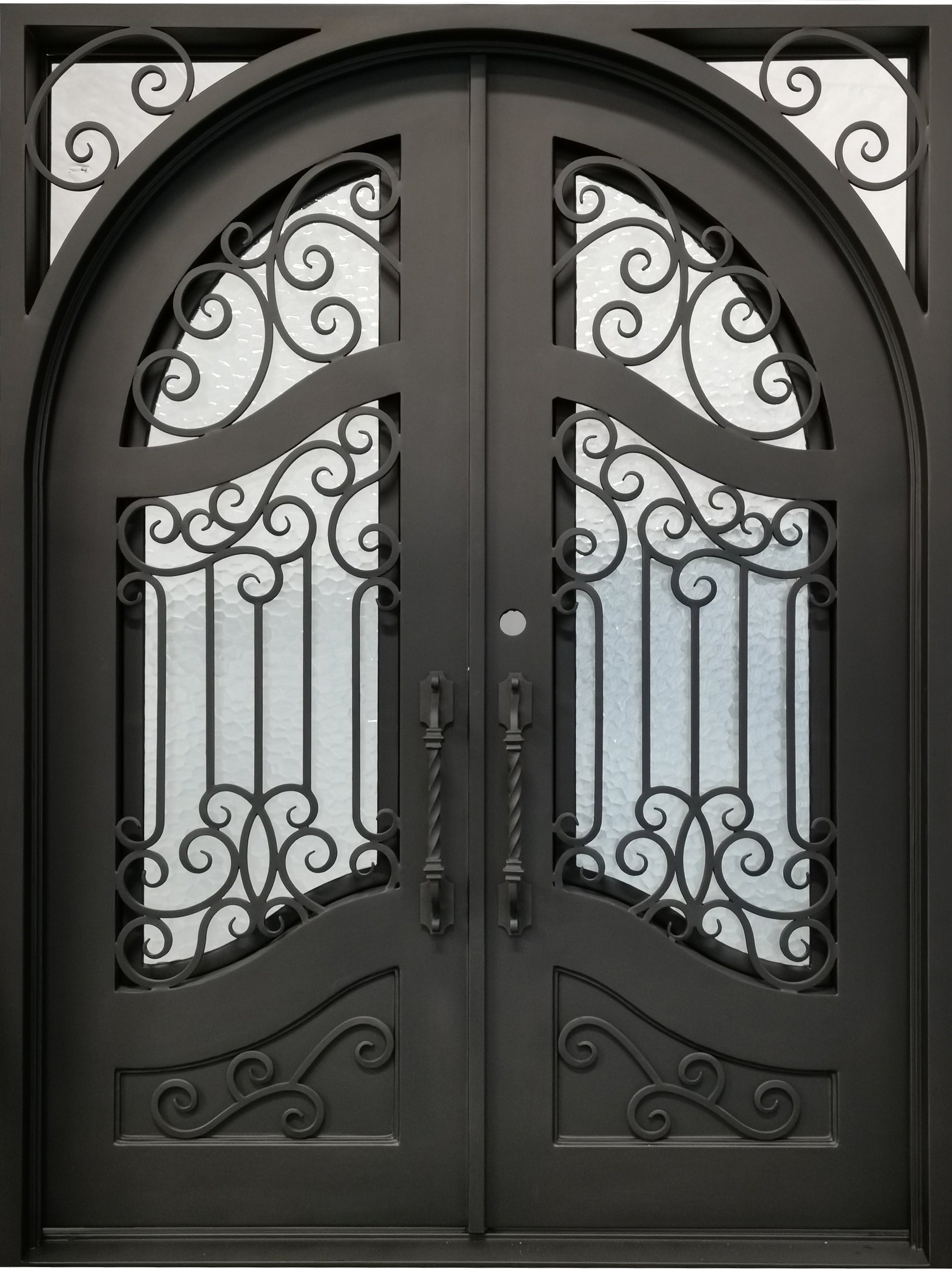 Calvert Model Double Front Entry Iron Door With Tempered Water Cube Glass Dark Bronze Finish