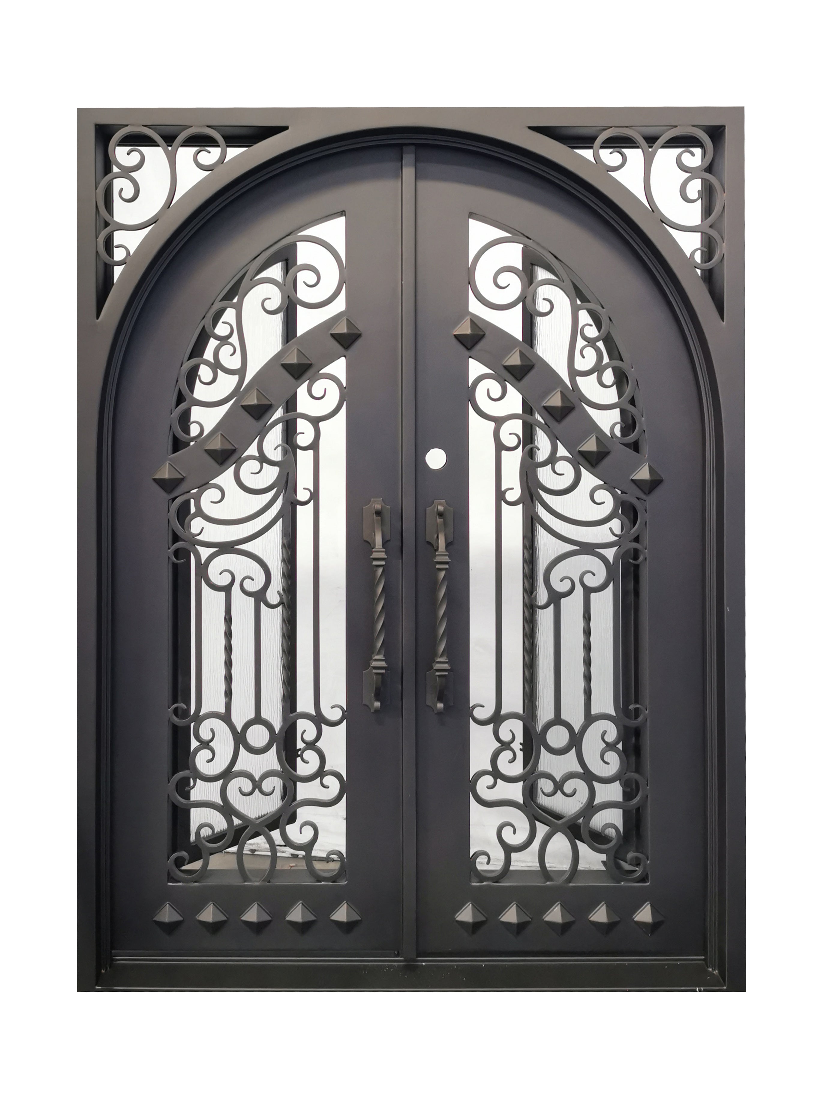 Cresson Model Double Front Entry Iron Door With Tempered Rain Glass Dark Bronze Finish