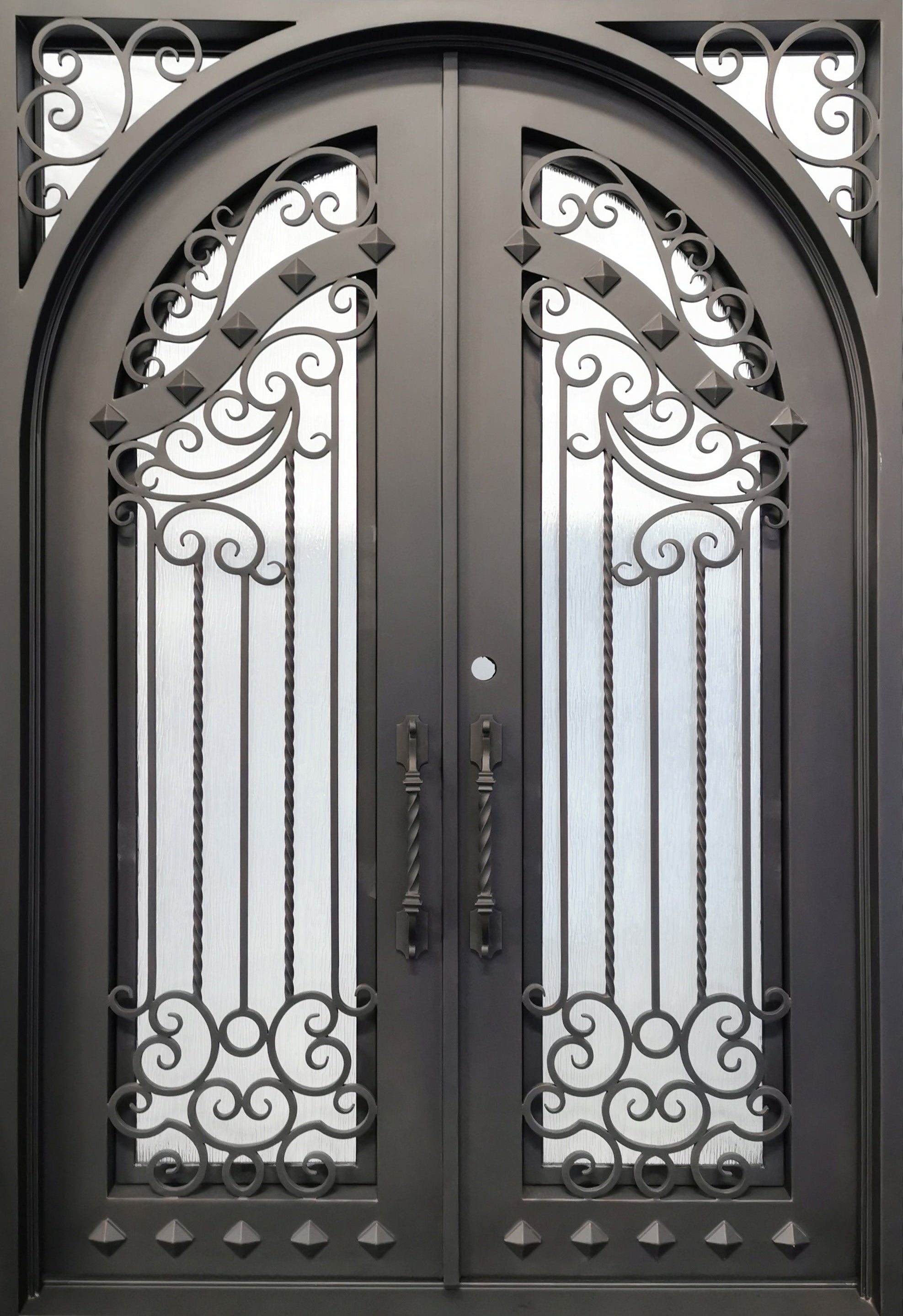 Cresson Model Double Front Entry Iron Door With Tempered Rain Glass Dark Bronze Finish