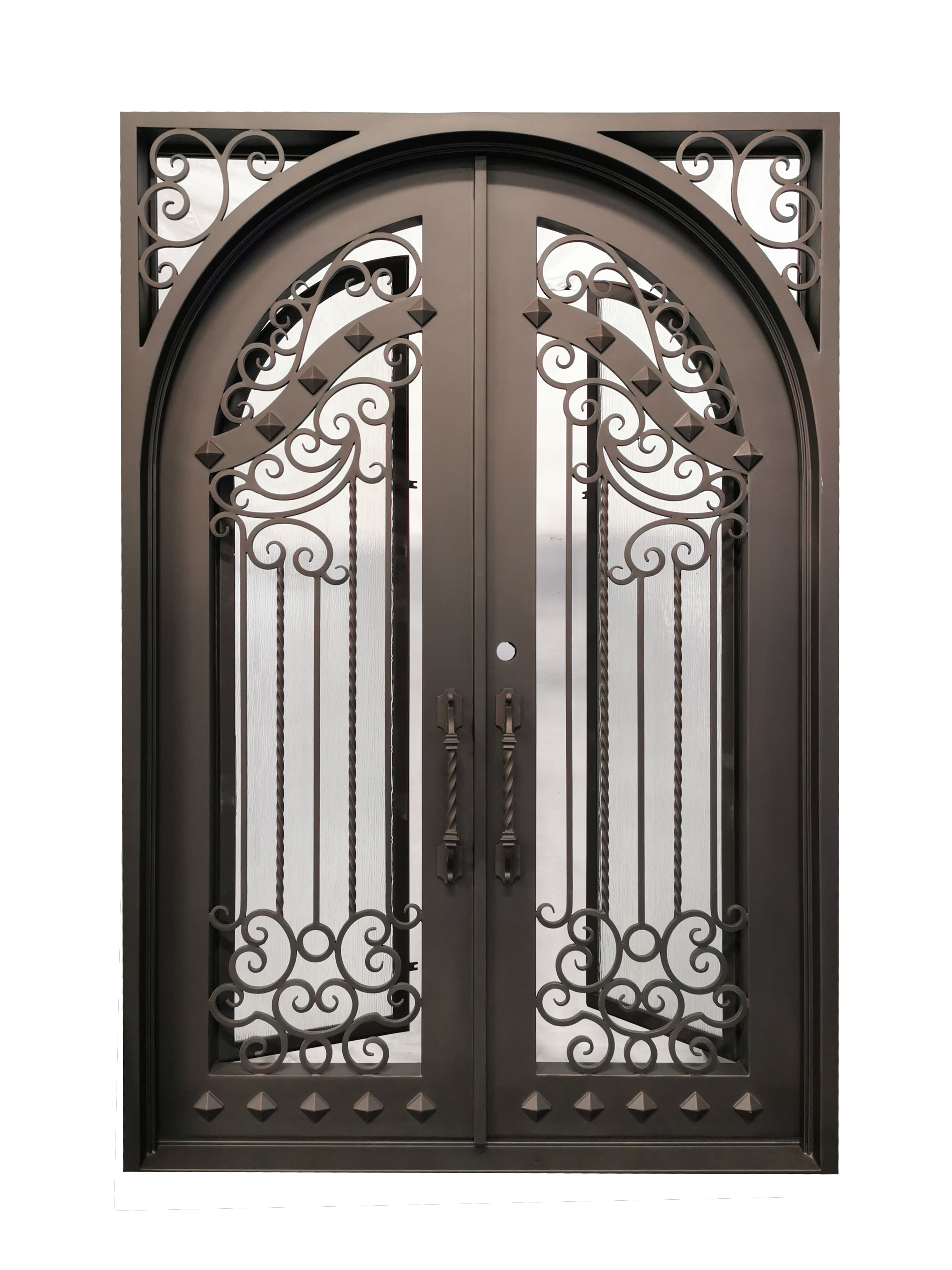 Cresson Model Double Front Entry Iron Door With Tempered Rain Glass Dark Bronze Finish