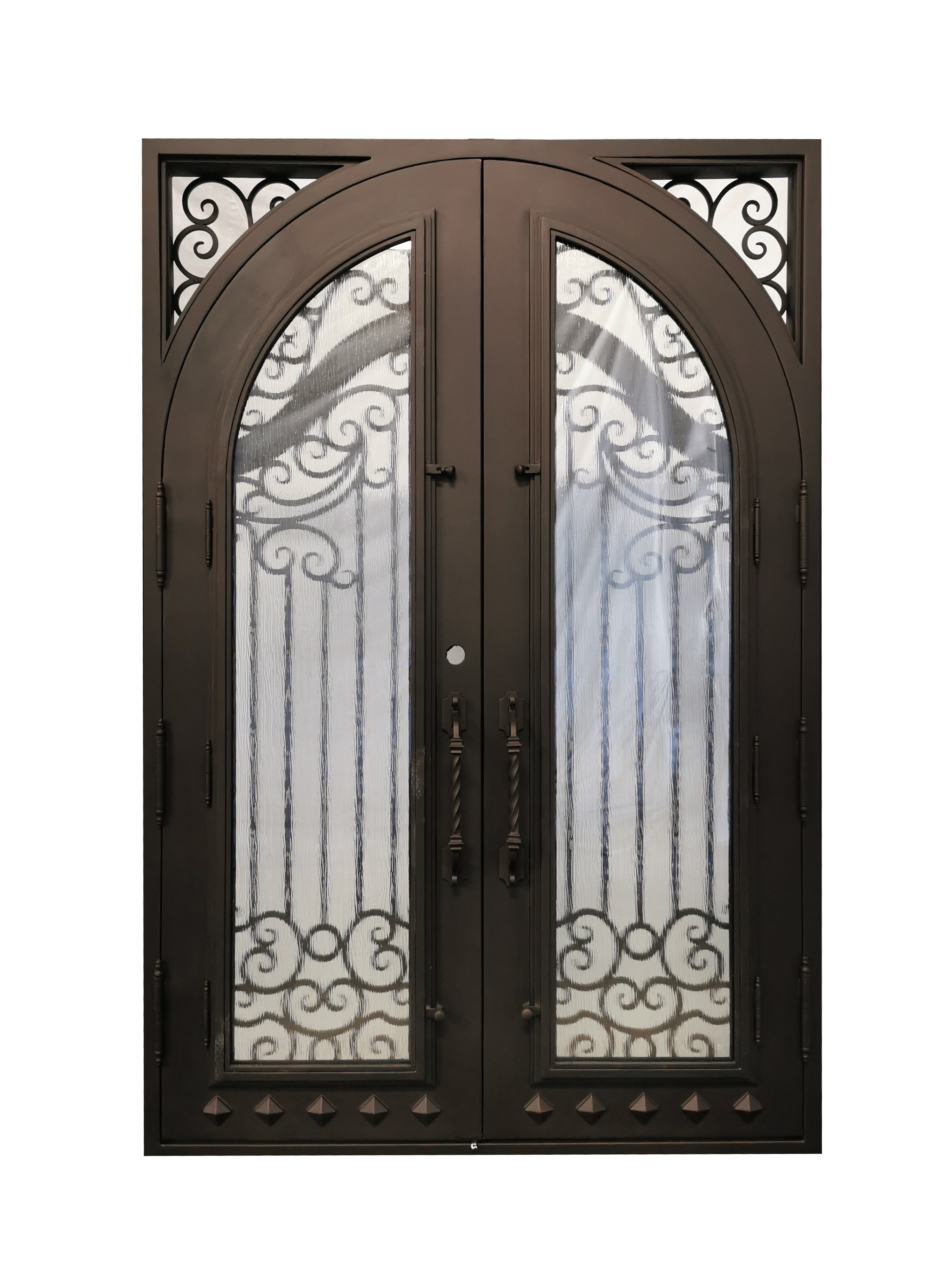 Cresson Model Double Front Entry Iron Door With Tempered Rain Glass Dark Bronze Finish