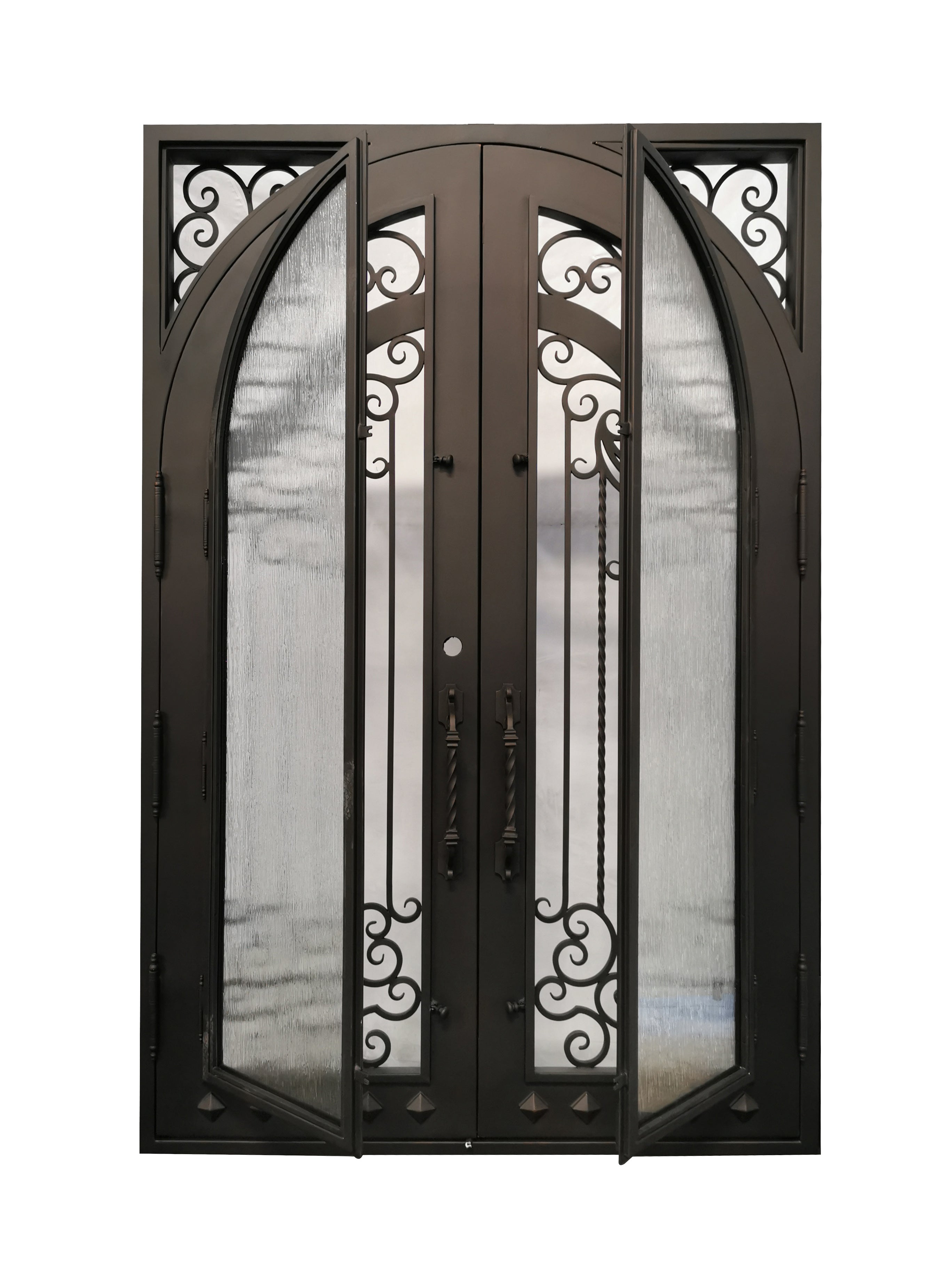 Cresson Model Double Front Entry Iron Door With Tempered Rain Glass Dark Bronze Finish
