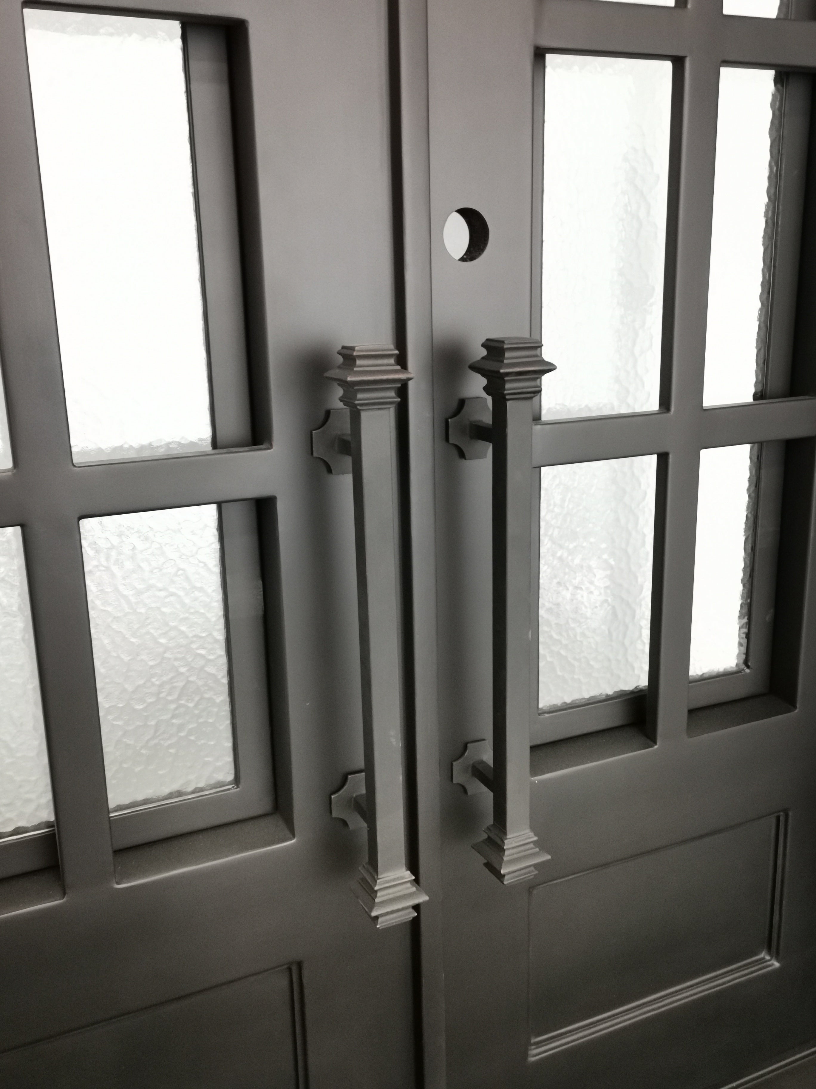 Cameroon Model Double Front Entry Iron Door With Tempered Aqua Lite Glass Dark Bronze Finish