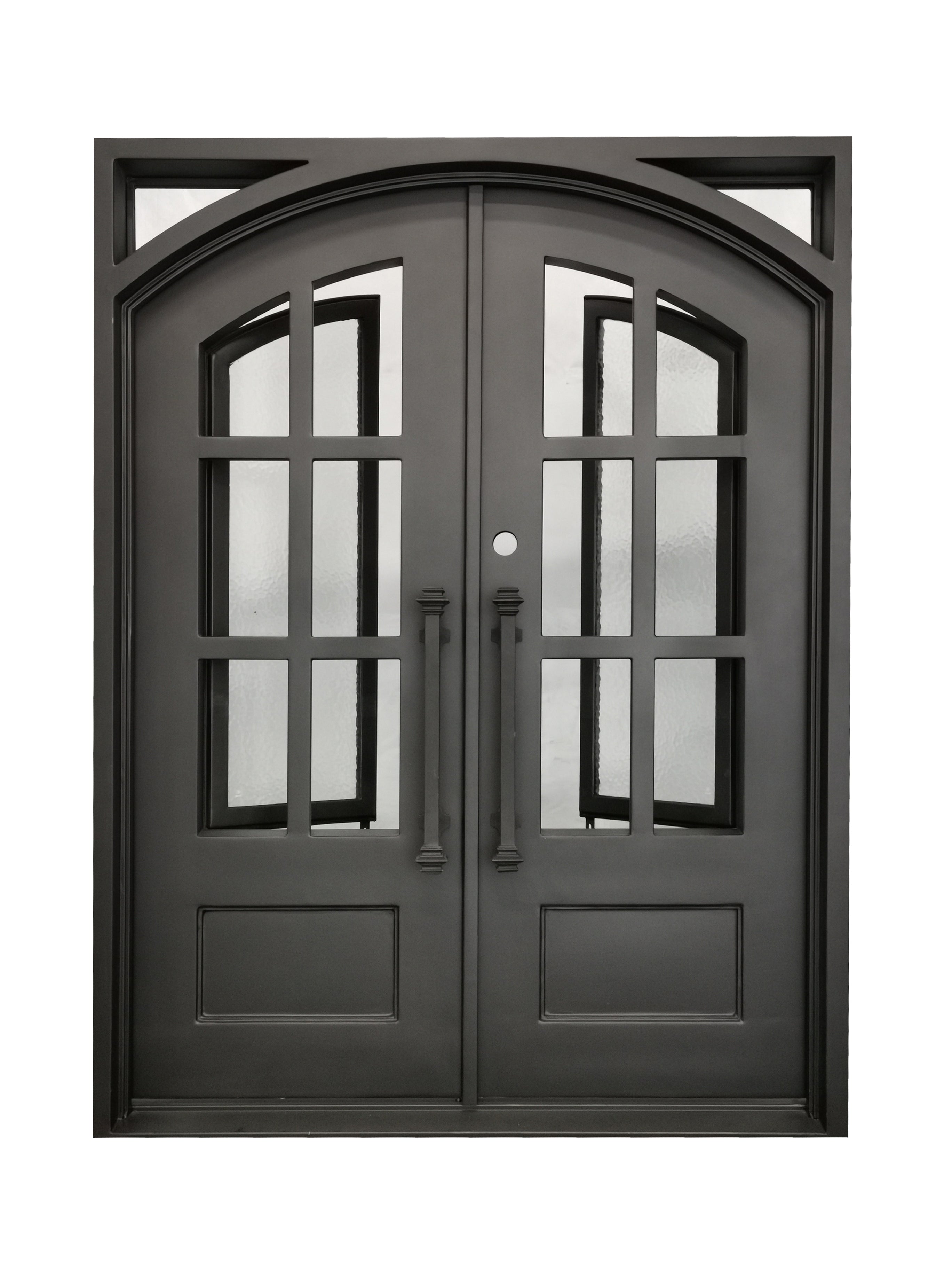 Cameroon Model Double Front Entry Iron Door With Tempered Aqua Lite Glass Dark Bronze Finish