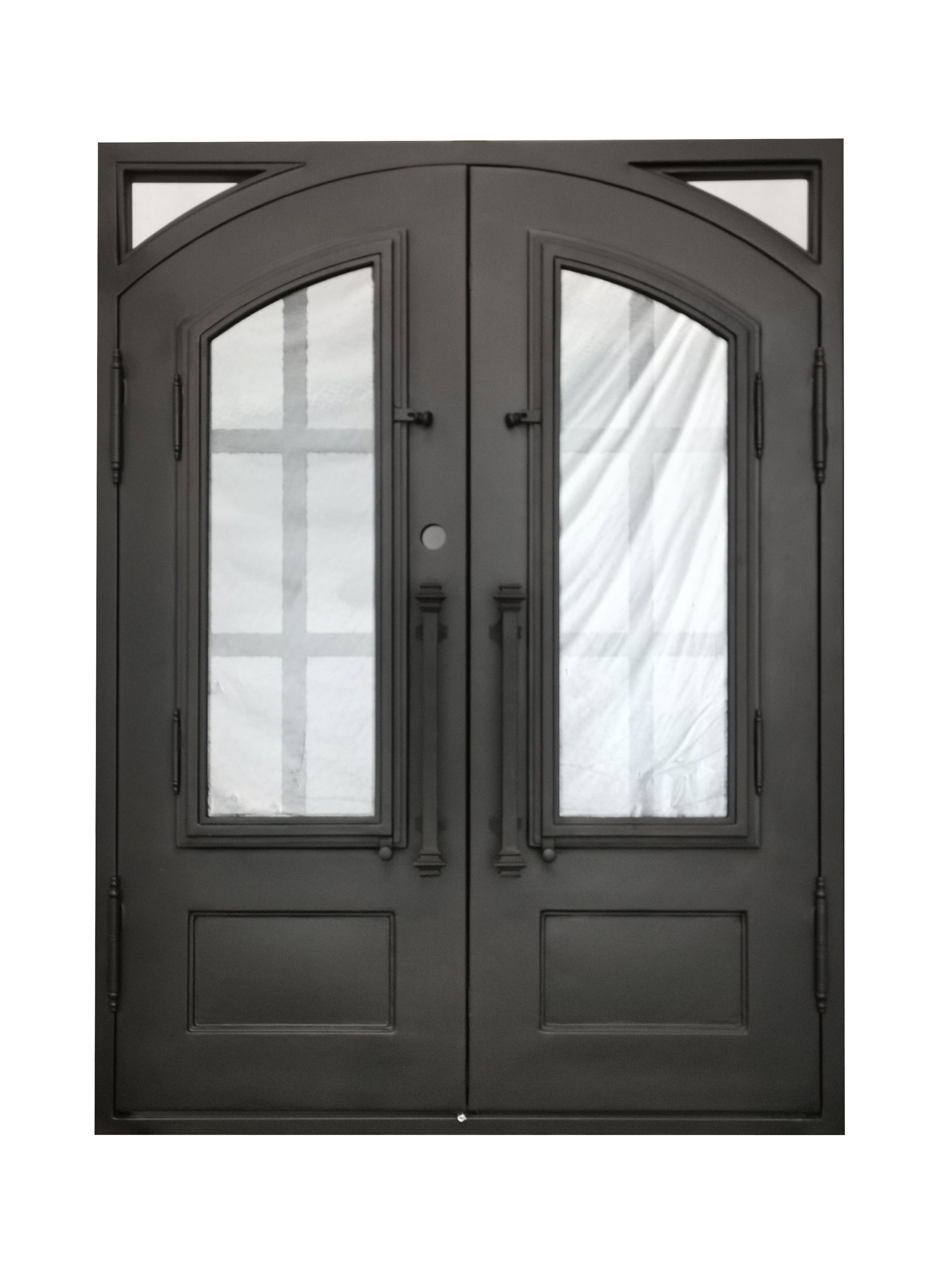 Cameroon Model Double Front Entry Iron Door With Tempered Aqua Lite Glass Dark Bronze Finish