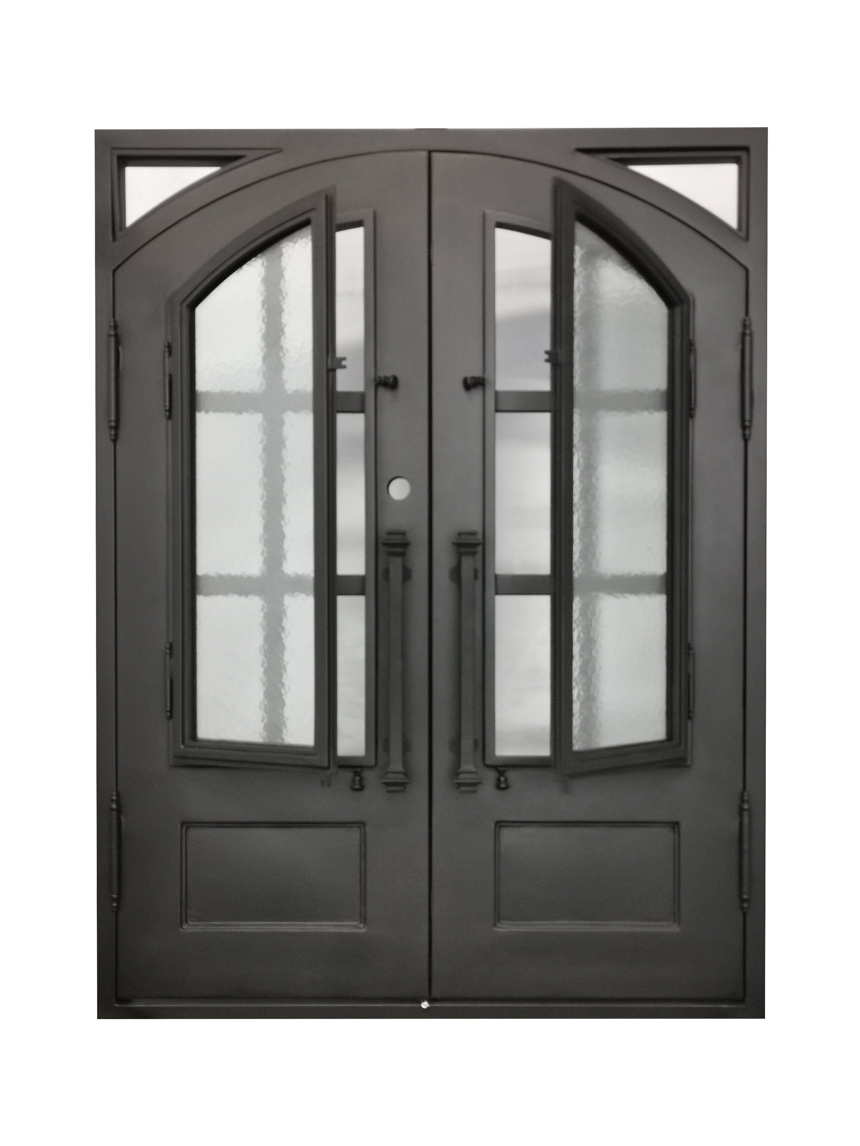Cameroon Model Double Front Entry Iron Door With Tempered Aqua Lite Glass Dark Bronze Finish