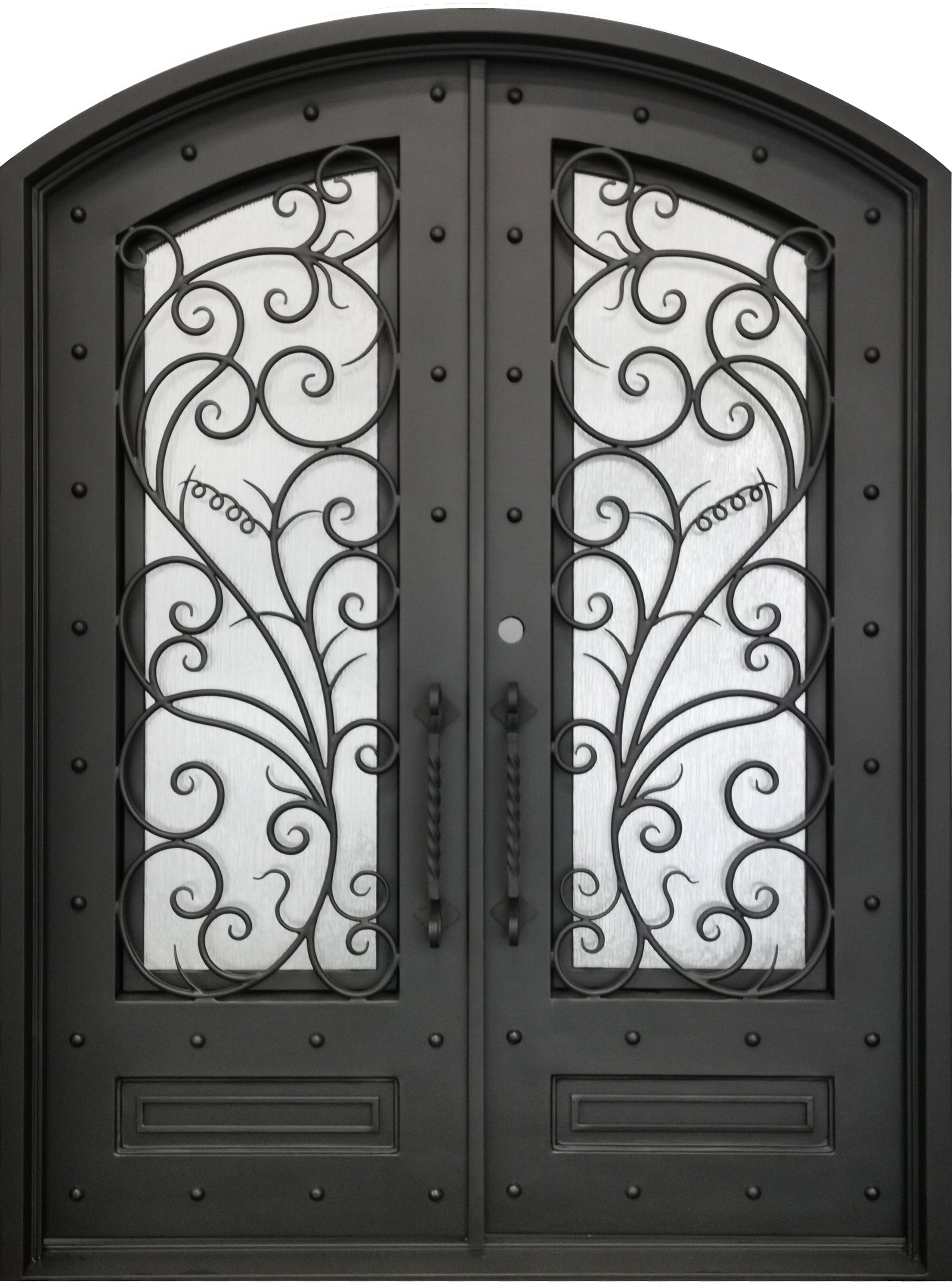 Crowley Model Double Front Entry Iron Door With Tempered Aqua Lite Glass Dark Bronze Finish