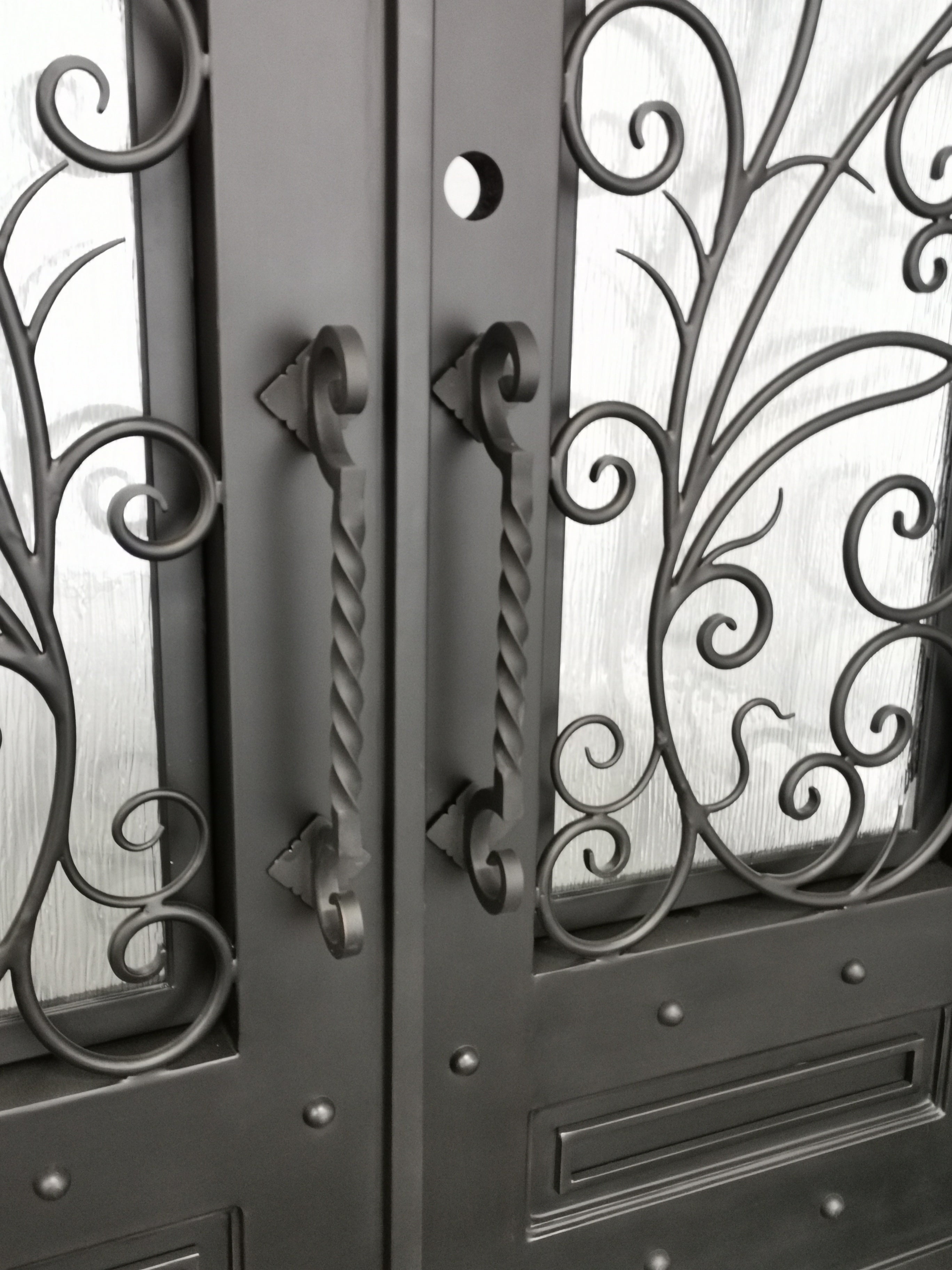 Crowley Model Double Front Entry Iron Door With Tempered Aqua Lite Glass Dark Bronze Finish