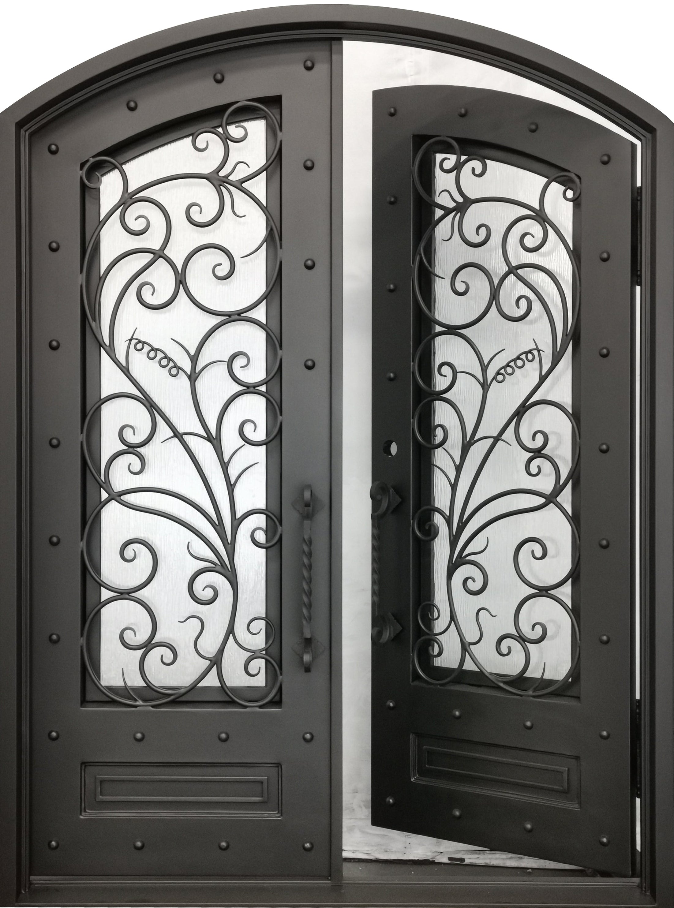 Crowley Model Double Front Entry Iron Door With Tempered Aqua Lite Glass Dark Bronze Finish