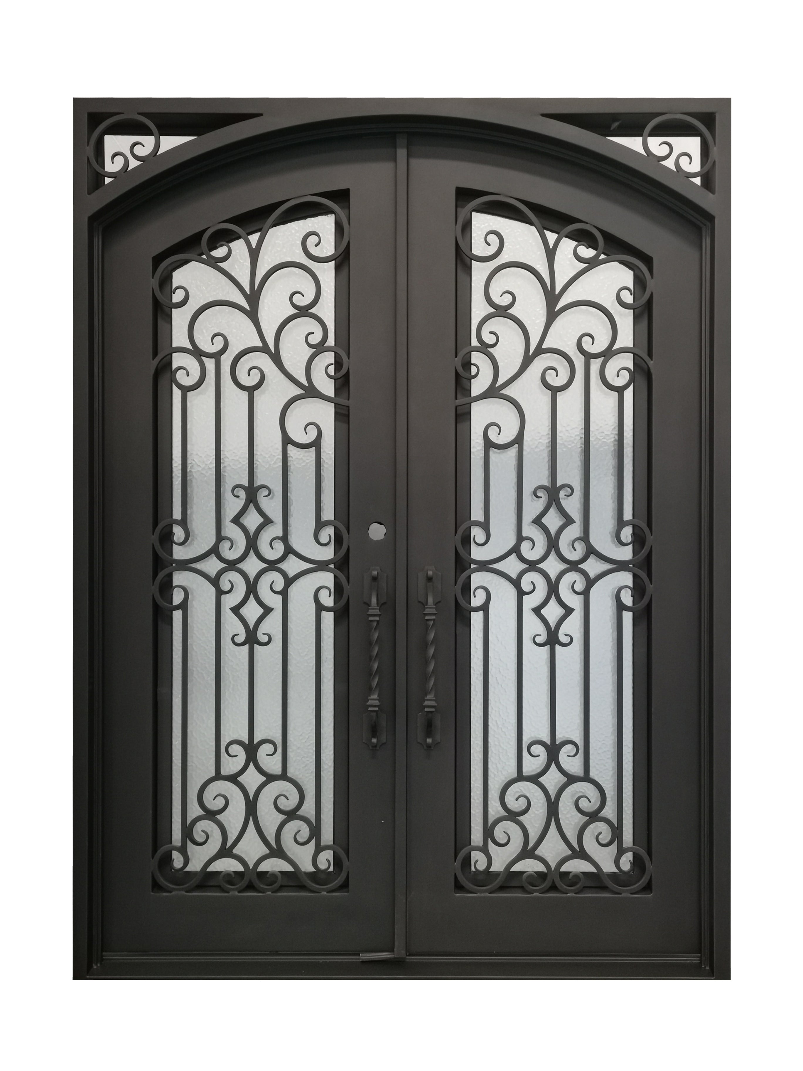 Hidalgo Model Double Front Entry Iron Door With Tempered Aqua Lite Glass Dark Bronze Finish