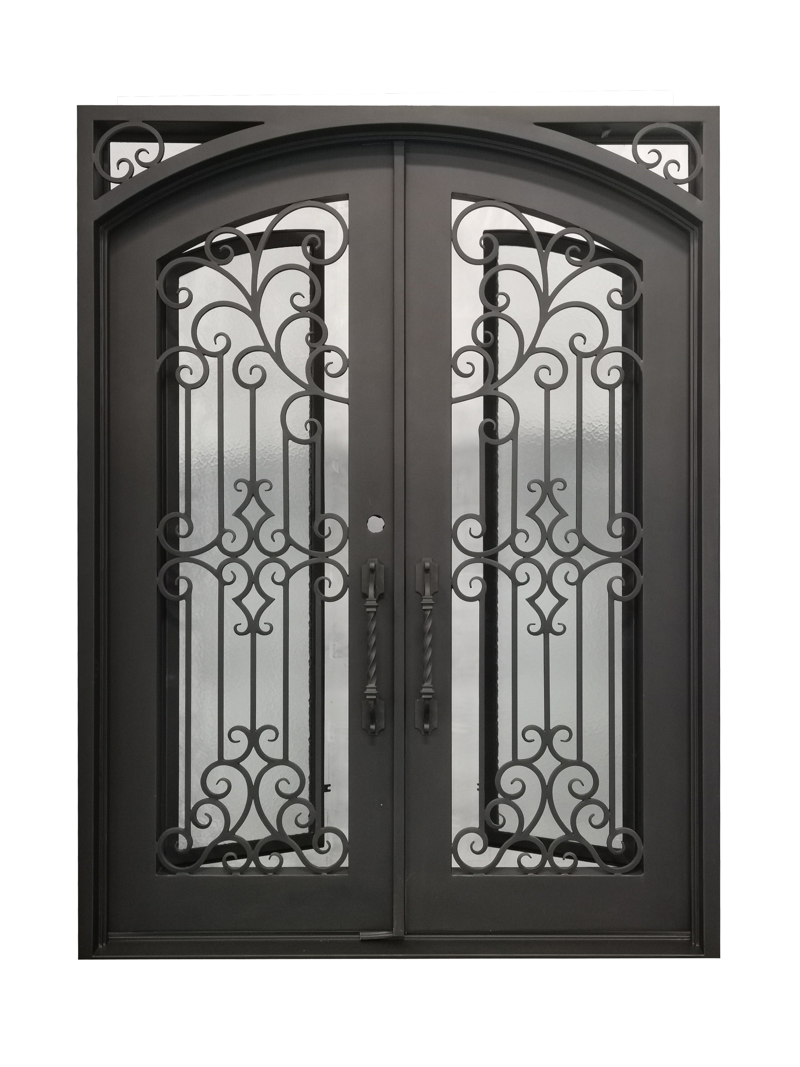 Hidalgo Model Double Front Entry Iron Door With Tempered Aqua Lite Glass Dark Bronze Finish