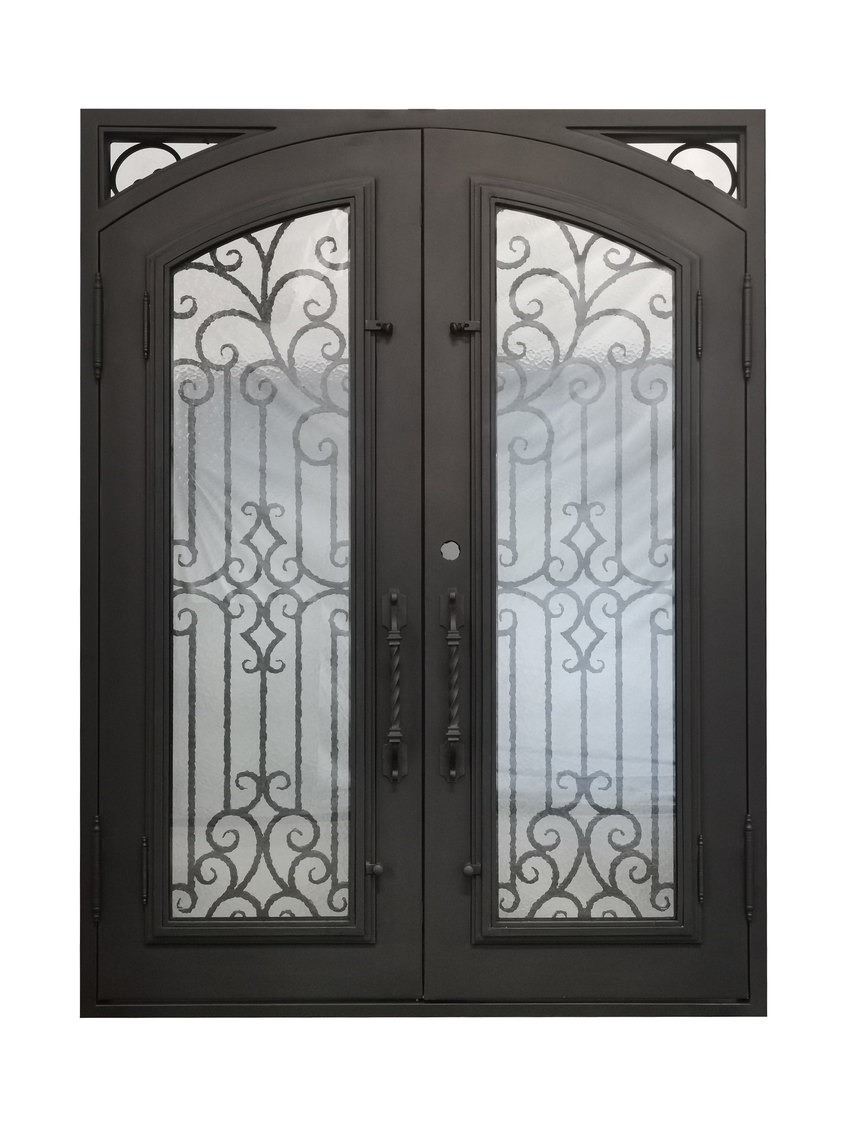 Hidalgo Model Double Front Entry Iron Door With Tempered Aqua Lite Glass Dark Bronze Finish