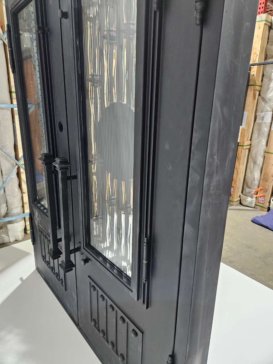Forney Model Double Front Entry Iron Door With Tempered Rain Glass Matt Black Finish