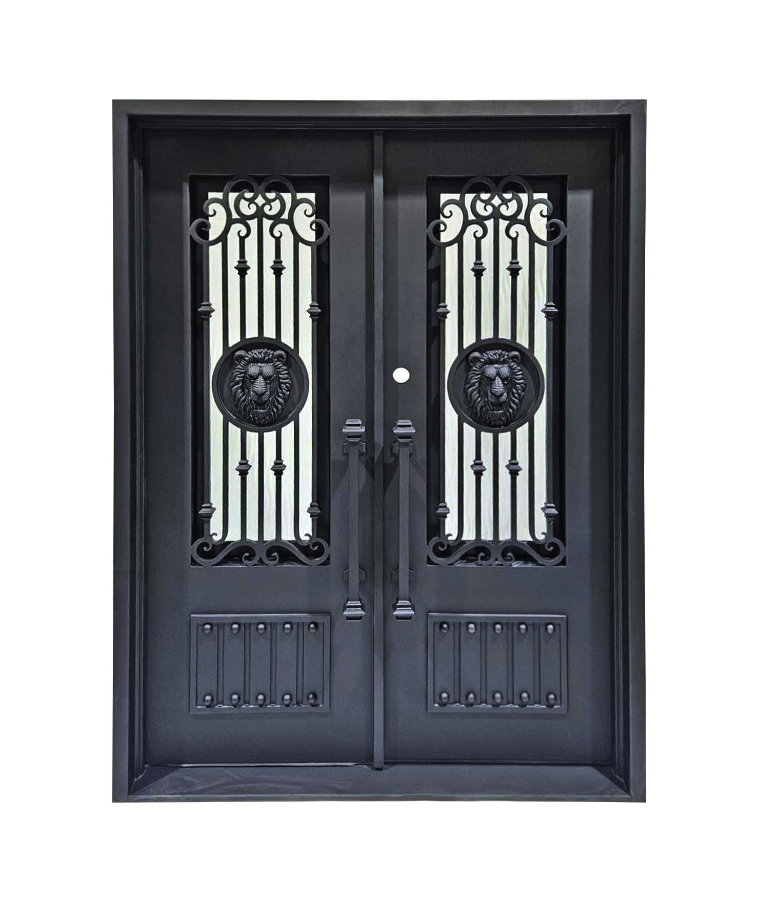 Forney Model Double Front Entry Iron Door With Tempered Rain Glass Matt Black Finish