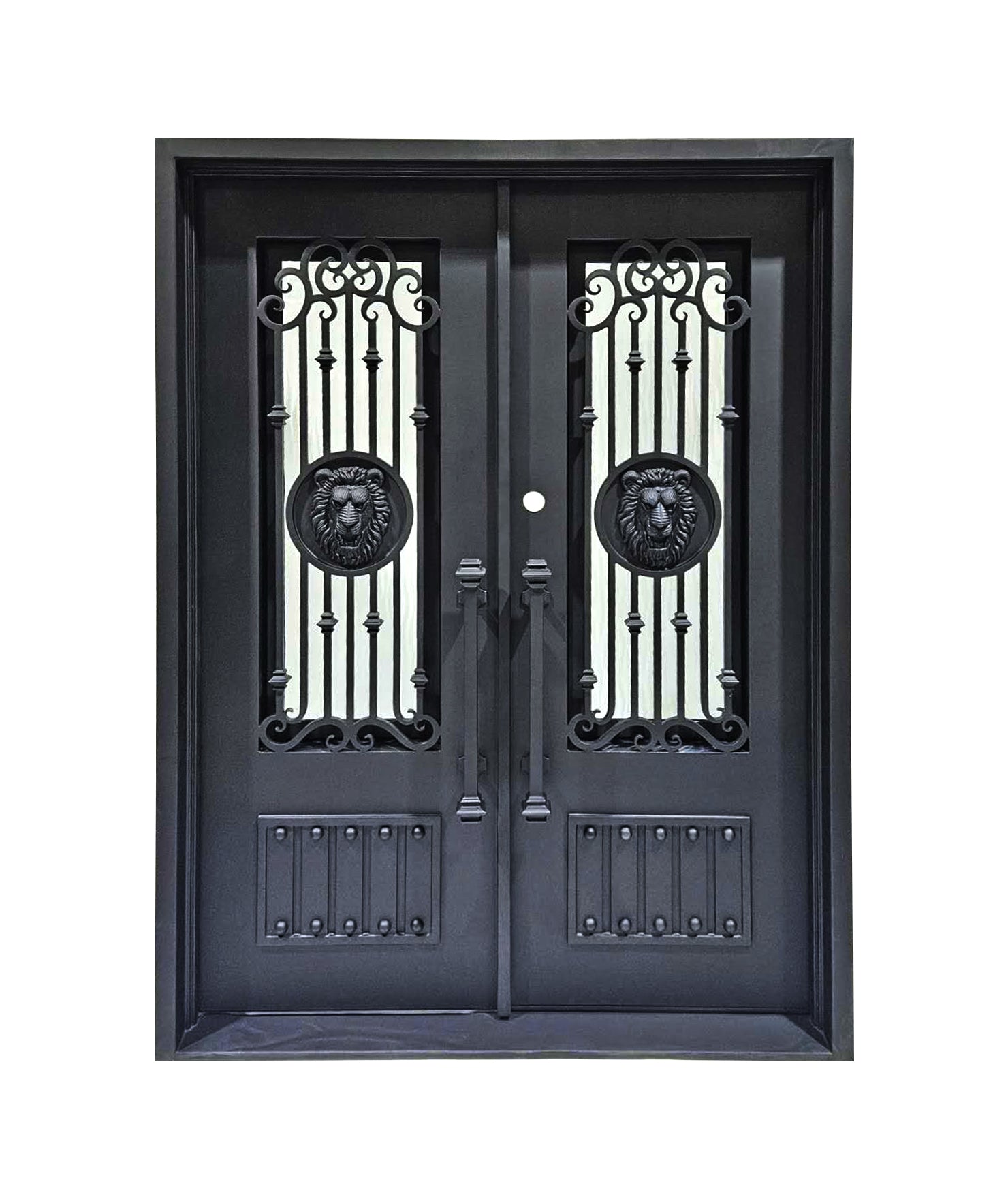 Forney Model Double Front Entry Iron Door With Tempered Rain Glass Matt Black Finish