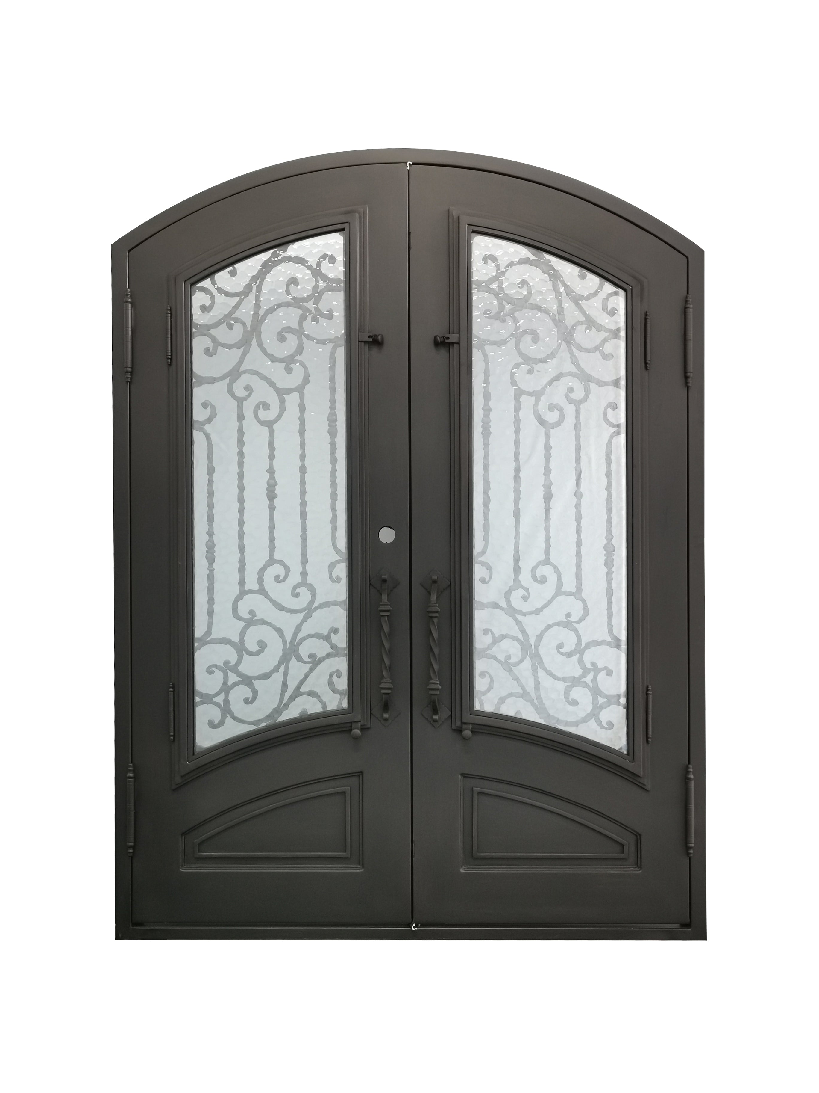 Archer Model Double Front Entry Iron Door With Tempered Water Cubit Glass Dark Bronze Finish