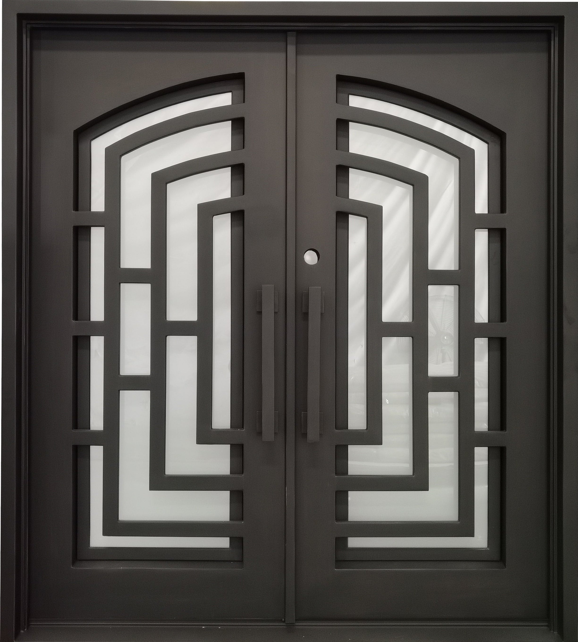 Belton Model Double Front Entry Iron Door With Tempered Frosted Glass Dark Bronze Finish