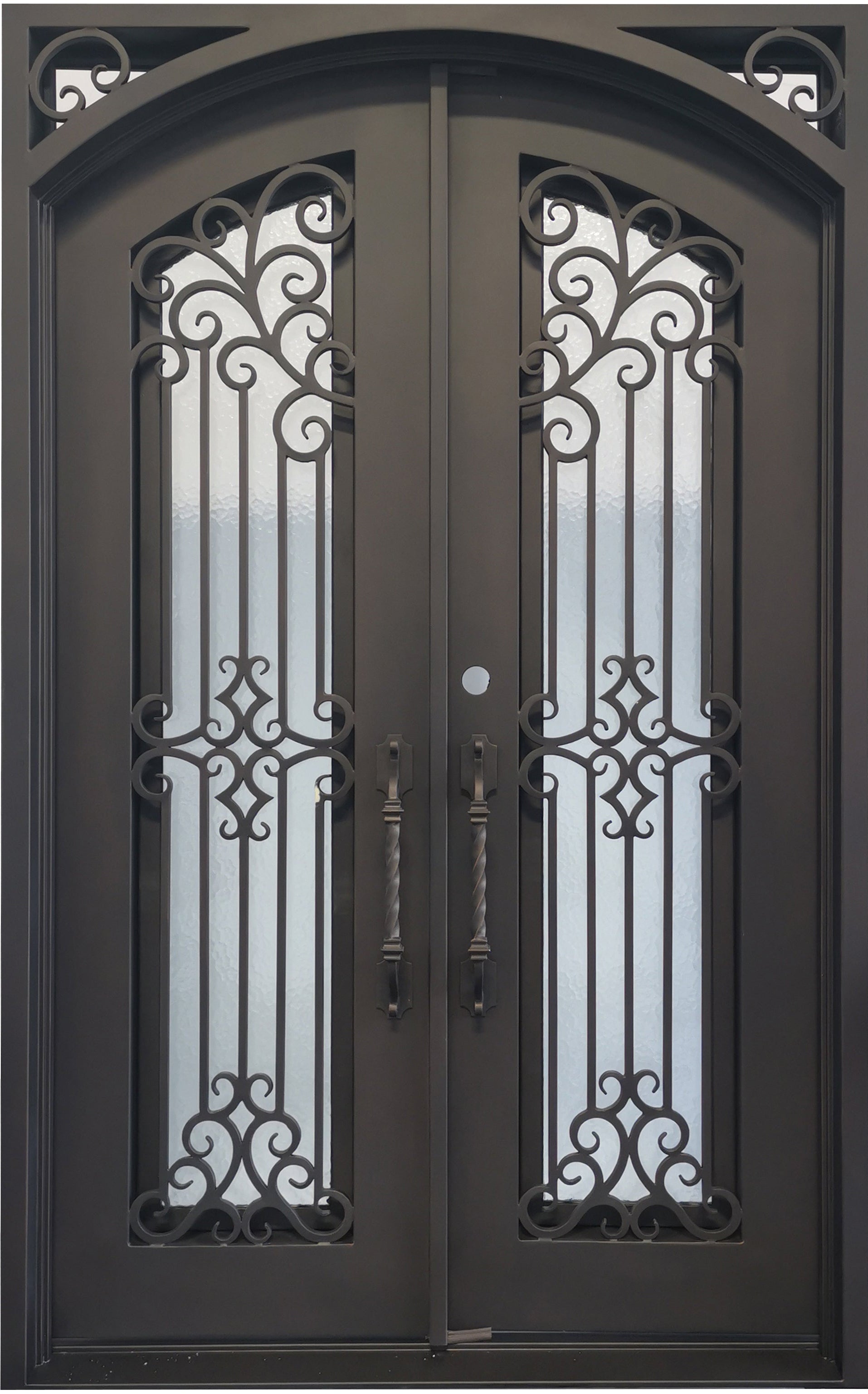 Hidalgo Model Double Front Entry Iron Door With Tempered Aqua Lite Glass Dark Bronze Finish