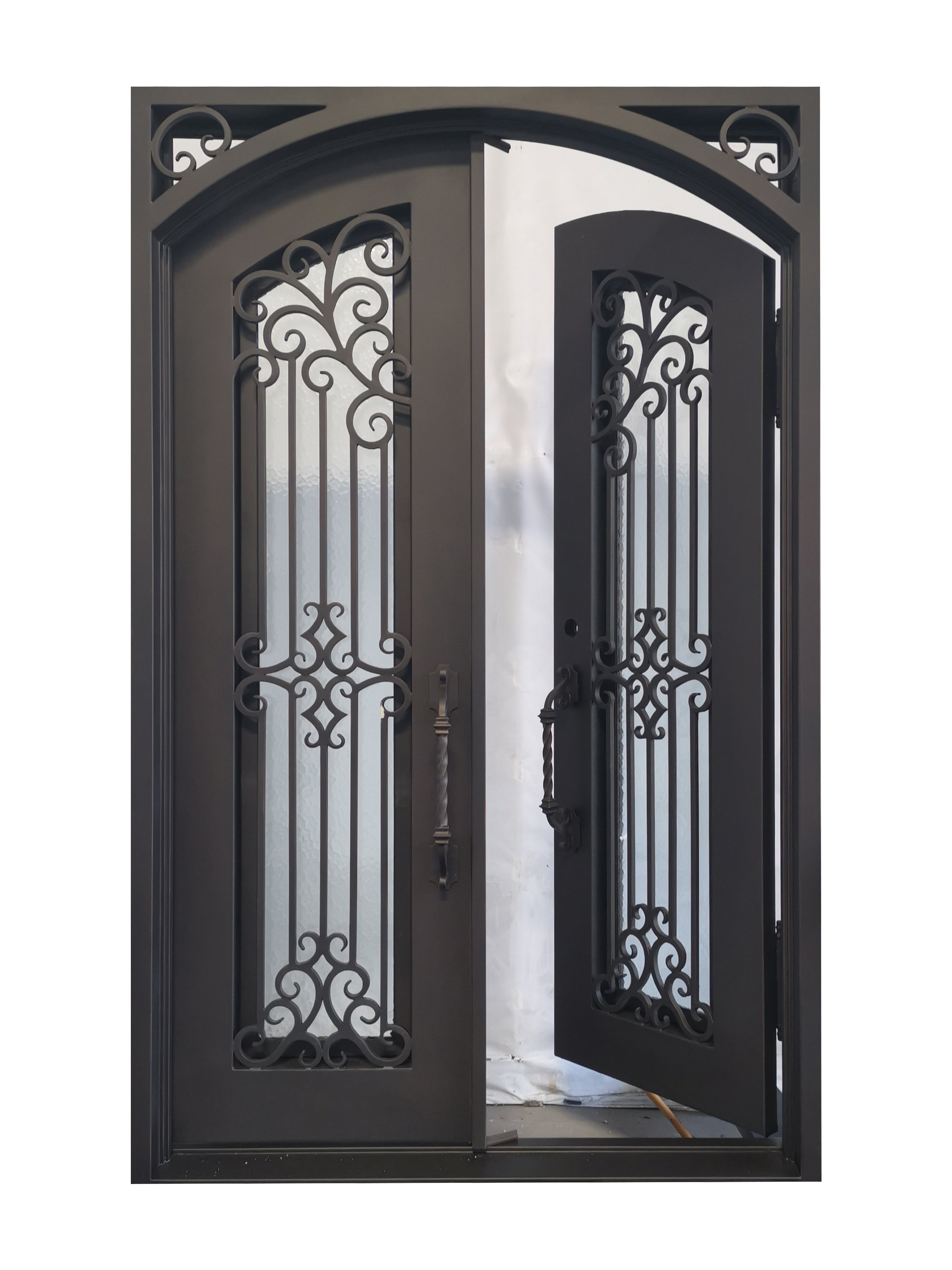 Hidalgo Model Double Front Entry Iron Door With Tempered Aqua Lite Glass Dark Bronze Finish