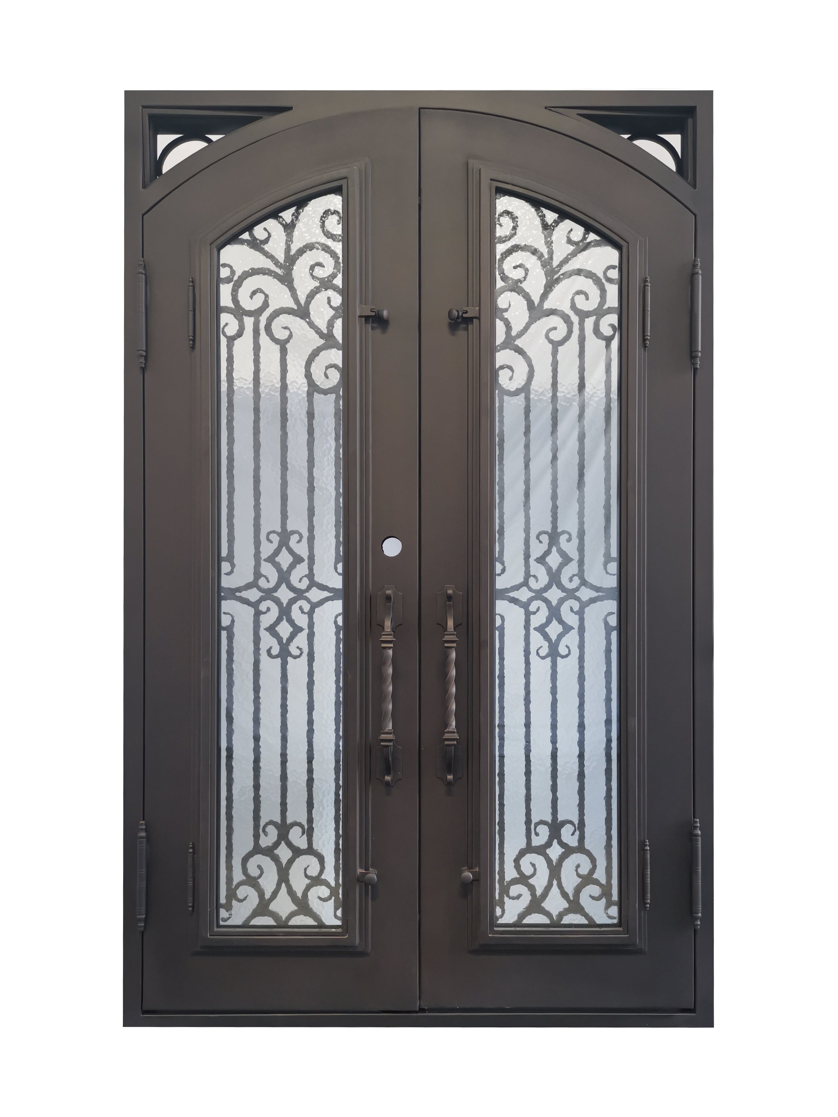 Hidalgo Model Double Front Entry Iron Door With Tempered Aqua Lite Glass Dark Bronze Finish