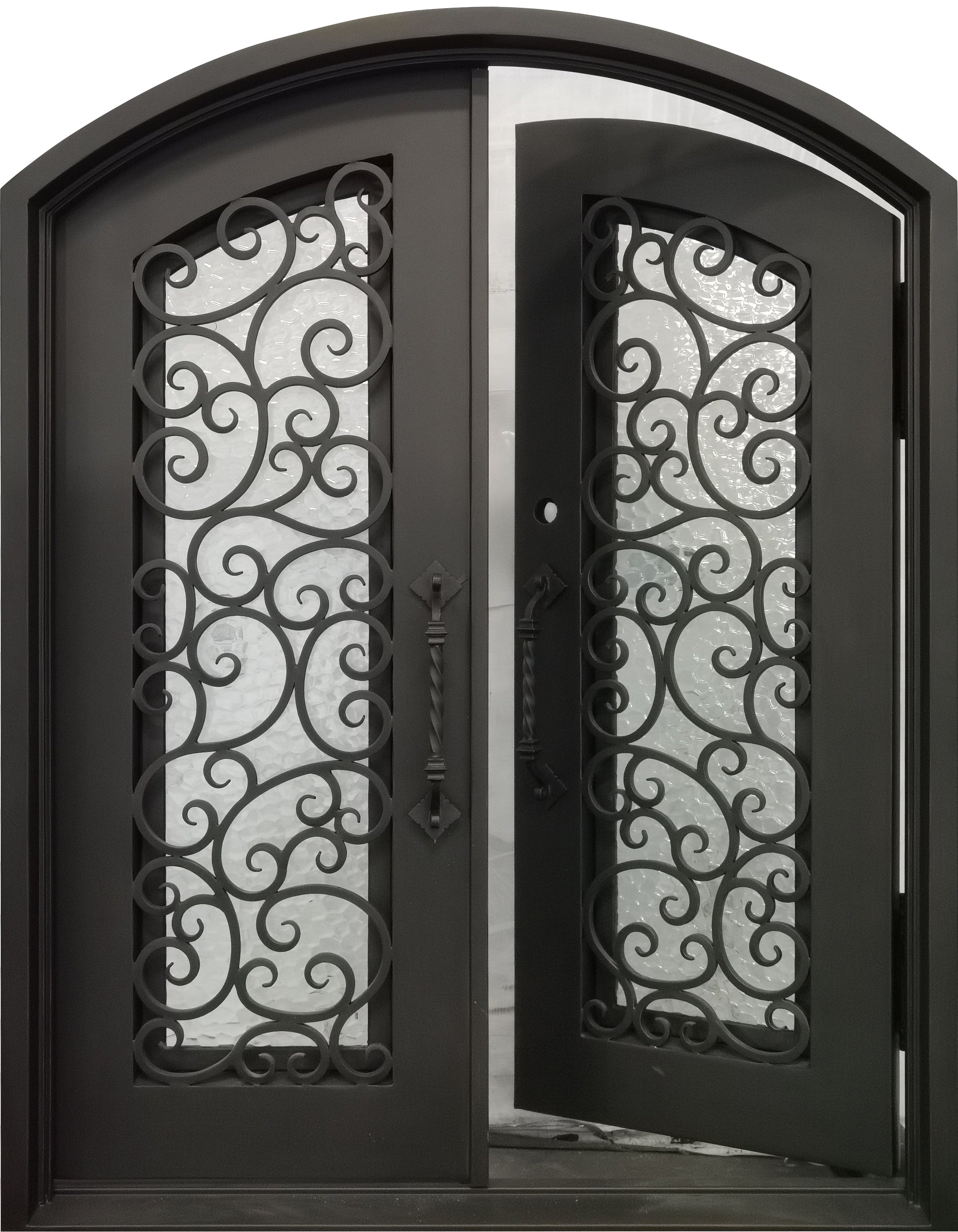Cisco Model Double Front Entry Iron Door With Tempered Water Cube Glass Dark Bronze Finish