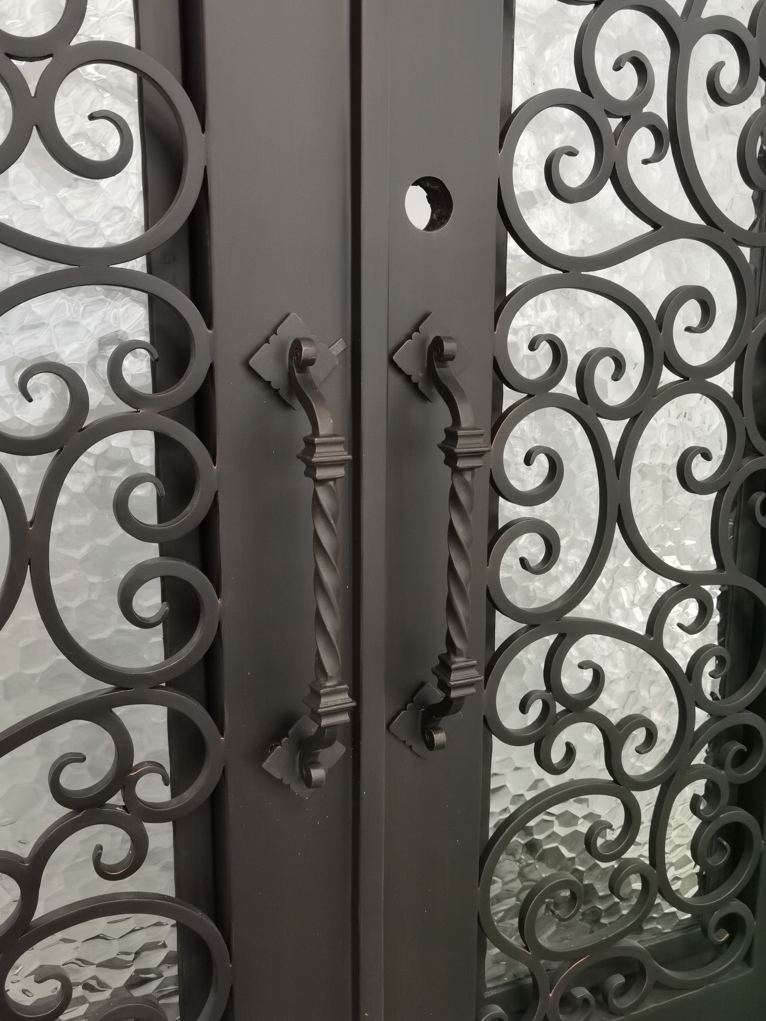 Cisco Model Double Front Entry Iron Door With Tempered Water Cube Glass Dark Bronze Finish