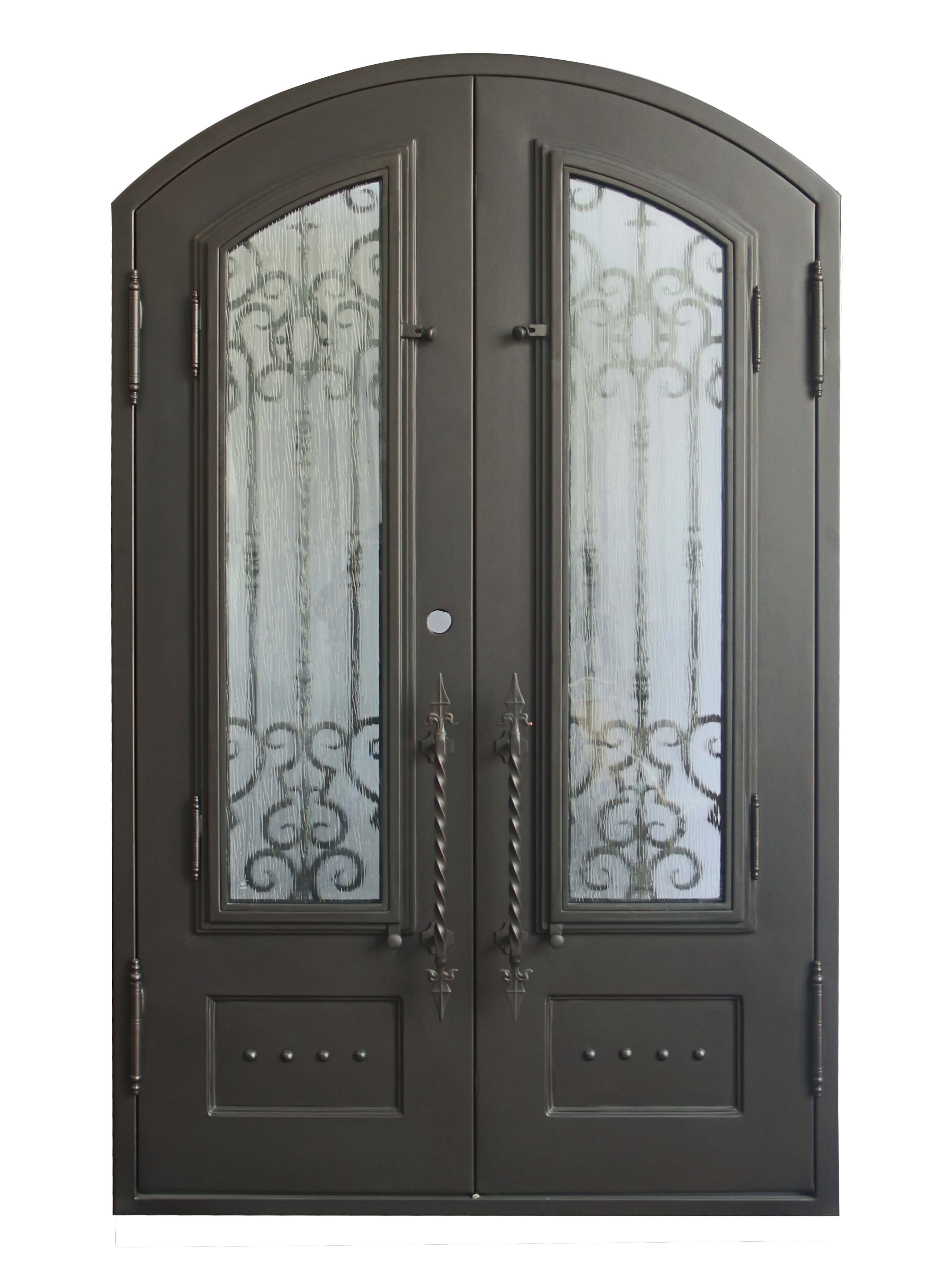 Addison Model Double Front Entry Iron Door With Tempered Rain Glass Dark Bronze Finish