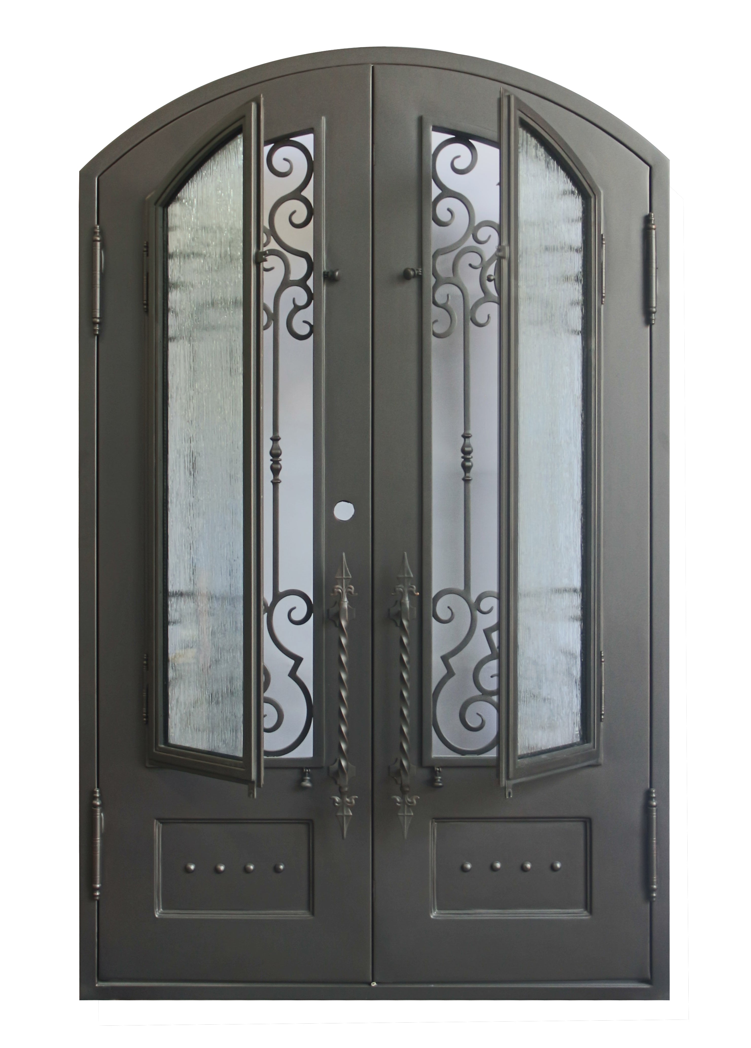 Addison Model Double Front Entry Iron Door With Tempered Rain Glass Dark Bronze Finish