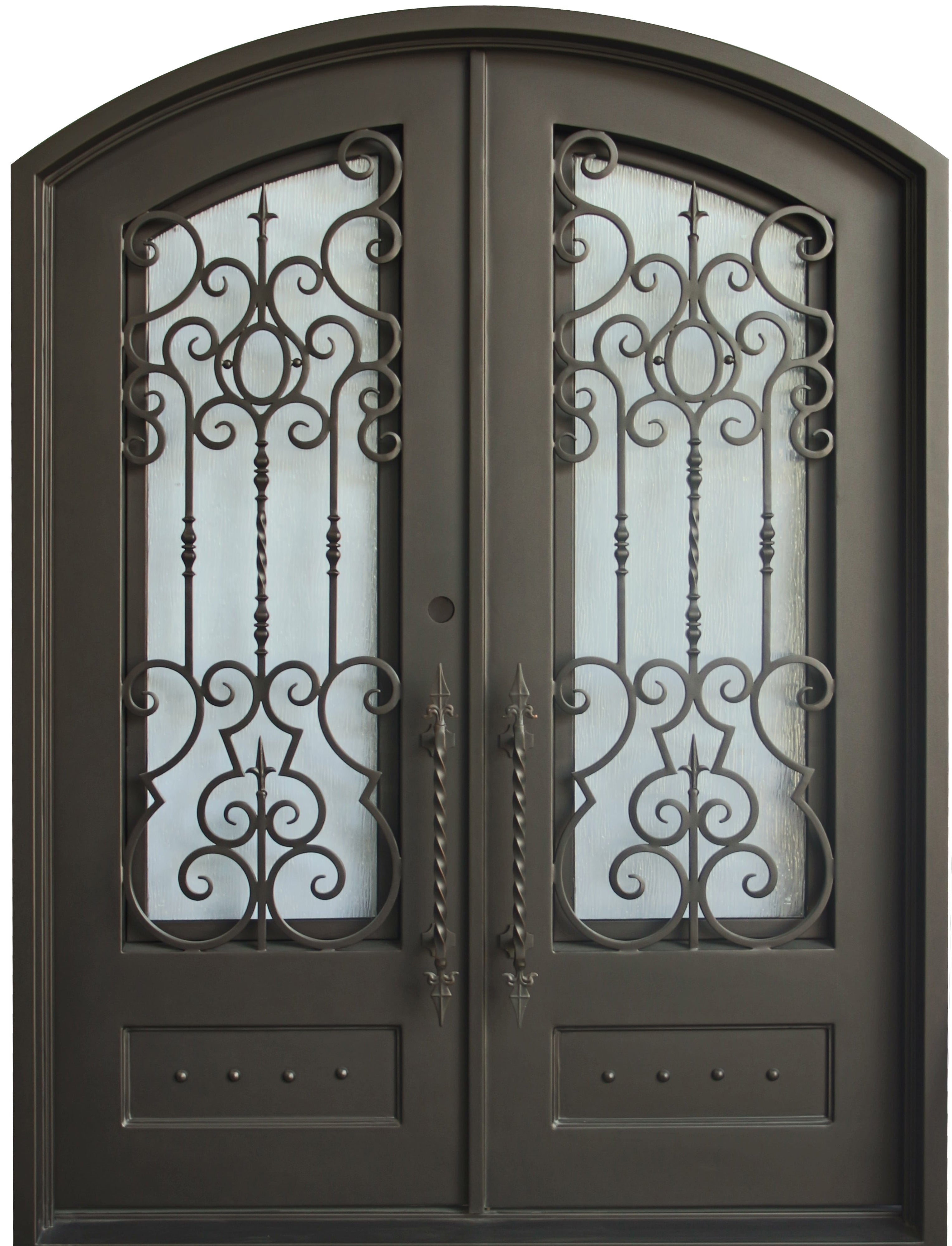 Addison Model Double Front Entry Iron Door With Tempered Rain Glass Dark Bronze Finish